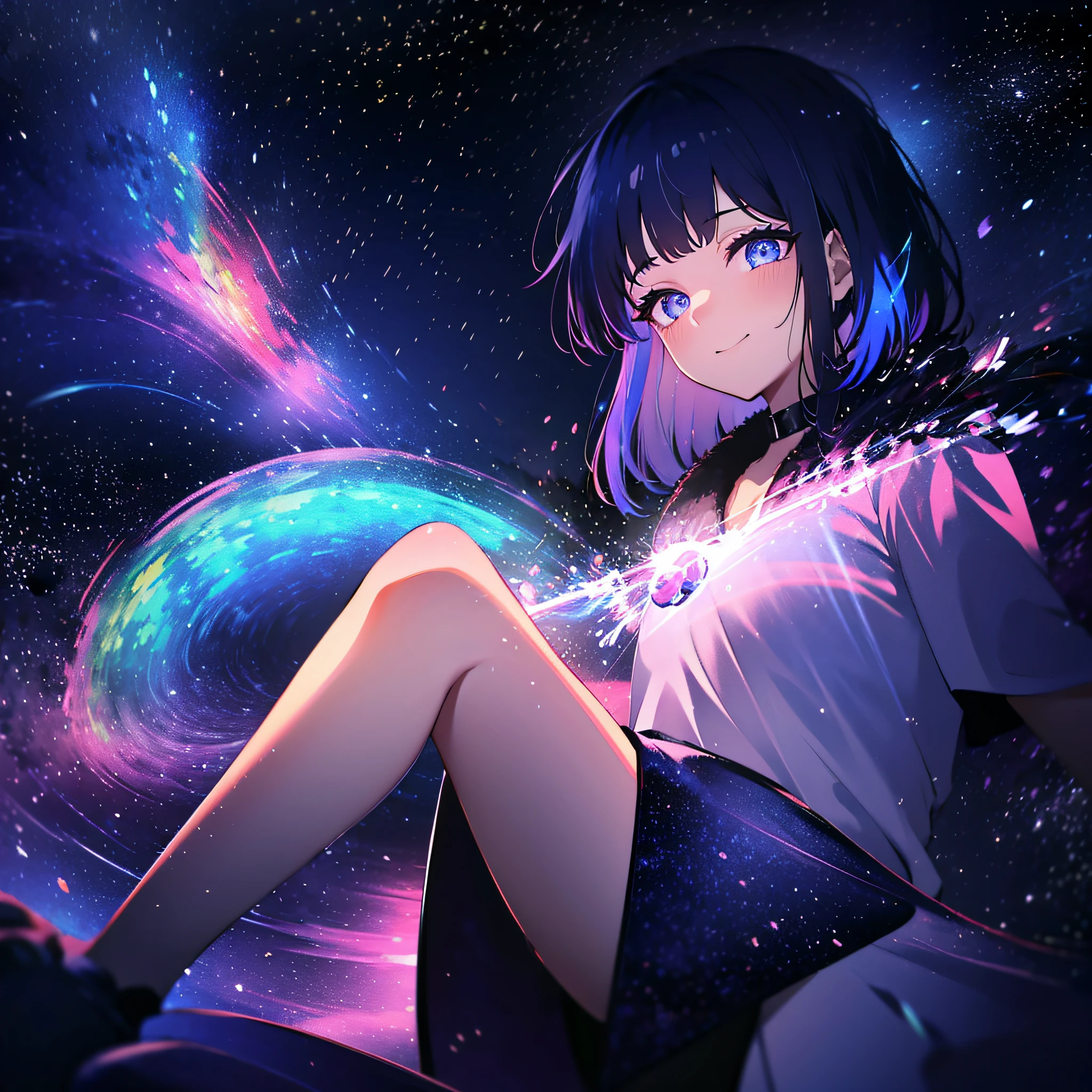 (masutepiece:1.3), (Best quality:1.3), high resolution, Kuboy shoots, on back,superb view、(A cute girl:1.3), Solo, Hefty Smile、A circle of rainbow-colored angels hovered above me、Best posture、angel ring、Eight-headed body、Colorful starry sky,Wearing a light blue dress、Pay attention to eye brightness、Sleepy expression、Life-size model、Super sleepy look、waking up、One eye closed、One eye is blocked、Arm Raised,Yawn loudly、Navel is visible、Purple hair, (short detailed hair:1.2), Mix mesh and light blue、Short braids and hair, (Blunt bangs:1.2), Beautiful hair, The eyes are purple, Magical eyes、Close both eyes、Tsugi、Close your eyes with all your strength、Light emitted by the eyes、Eyes are closed(1:2)Beautiful detailed eyes, hyper detail eyes、sparkle eyes,from rear、Colorful starry sky,stars,A rainbow halo around the eyes、Raise your hands and stretch、lying down,stick out buttocks、iridescent eyes、The narrowed eyes sucked,The whole body exudes an aura of rainbow colors、 shaded lighting,perfect bodies