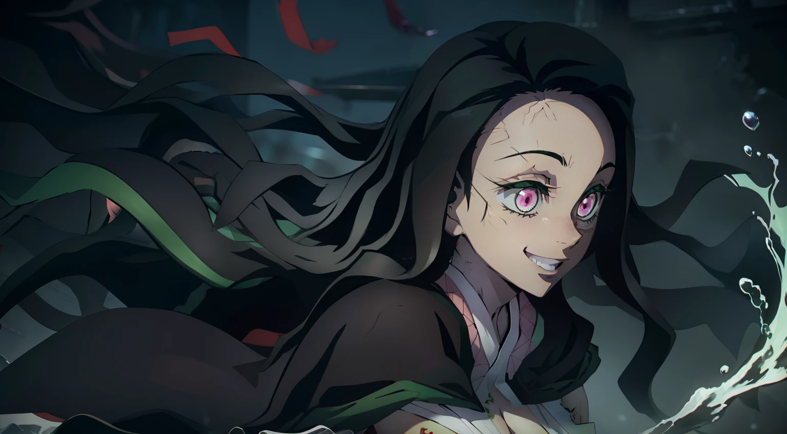 Extraordinarily beautiful composition, can be seen in full growth, ultra sharp image, stands sideways, ultra detail face, Ultra Transparent, Nezuko Kamado from Demon Slayer, ultra sharp image, Ultra Beautiful, beautiful breasts. black  hair, Transition to red, Japanese bath, Beautiful figure, taut clothes, black cape on pink kimano, big breastes, Smiling, green colored eyes, handsome body, sexy clothes, Beautiful eyes, very detailed eyes, Very detailed face, handsome body, Cherecter Desing, Sex position, Very detailed, Detailed body, Detailed hands, Detailed, Vibrants, Detailed Face, sharp-focus, WLOP, artgerm, anime art, Vibrants, Detailed Face, Hugh Details, sharp-focus, Very drooping face, A detailed eye, super fine illustration, better shadow, finely detail, Beautiful detail