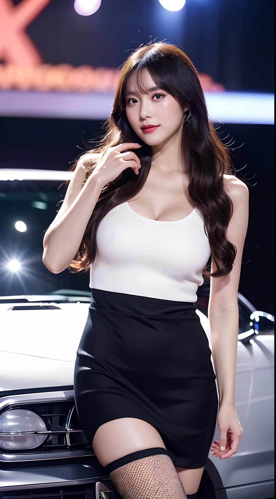 masutepiece、top-quality、Top image quality、8K、Professional Photographer、Professional lighting staff、Professional makeup staff、japanes、Top、Beautuful Women、Glamorous、Colossal tits、A dark-haired(Curly semi-long hair)、White bodycon mini skirt on bare skin(Ultra-thin fabric)、tiarra、fishnet tights、high-heels、(Model posing sexily in front of show car on gorgeously lit stage at motor show)、