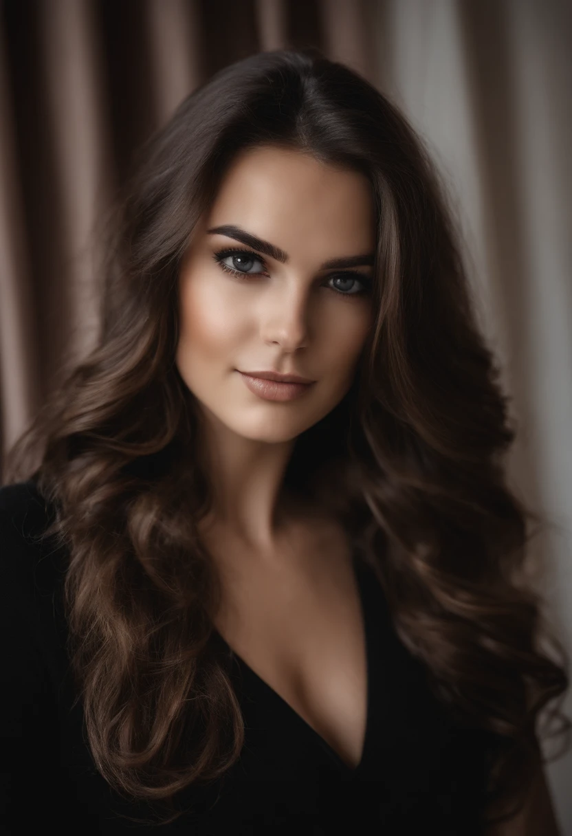 Arafed woman with black clothes, fille sexy aux yeux bruns, cheveux bruns et grands yeux, selfie of a young woman, Yeux de chambre, sans maquillage, maquillage naturel, looking straight at camera, Visage avec Artgram, Maquillage subtil, Superbe photo du corps entier, dans la chambre, clivage, eurasienne