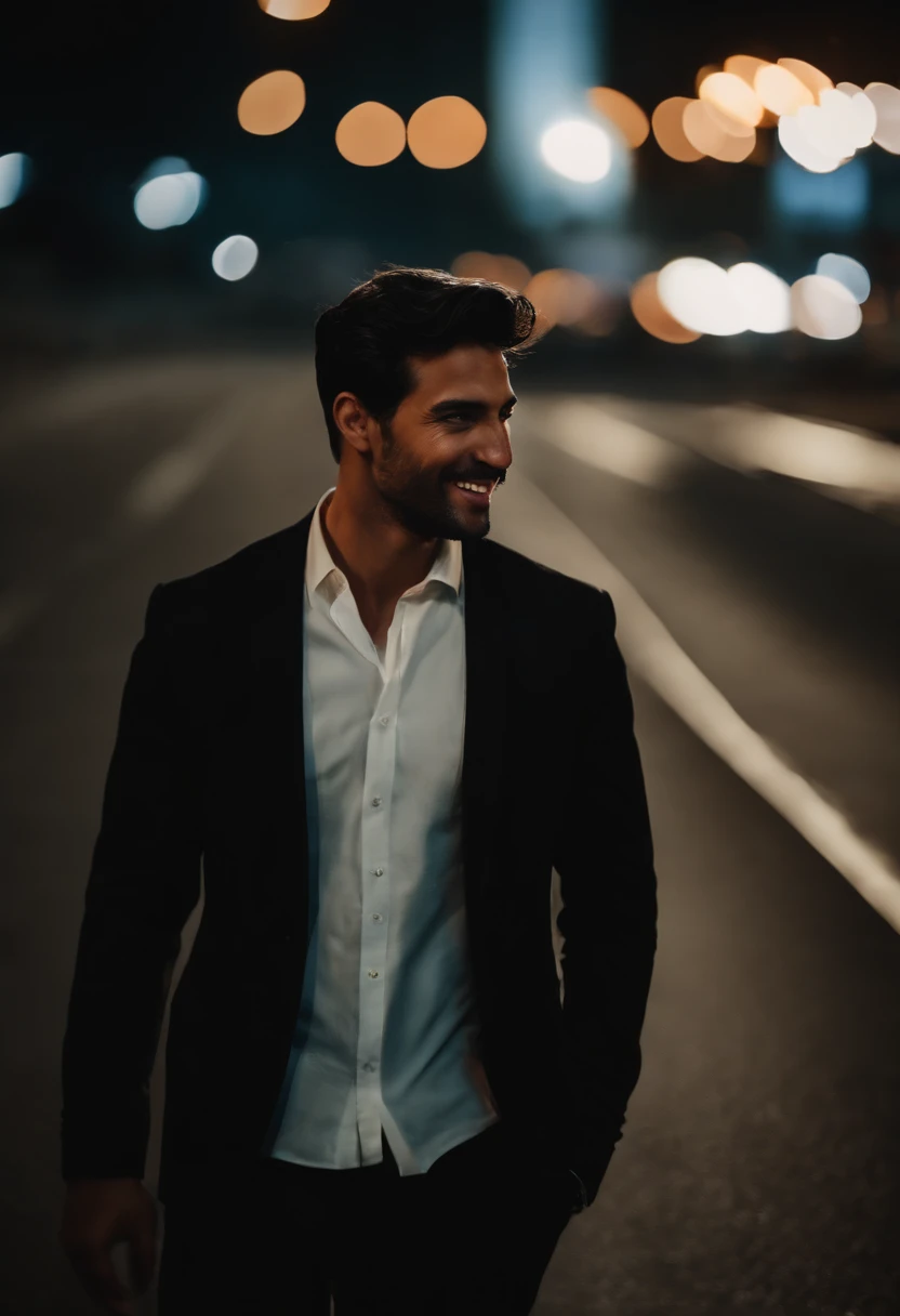 (bestquality:1.2, 8k resolution, highres:1.2), (handsome:1.4), White shirt, Short black hair, thin face, Fair-skinned, Formal dress code, (On the road at night:1.4), nighttime, dim lighting, deserted, HD 8k images, masterpiece:1.2, A confident smile