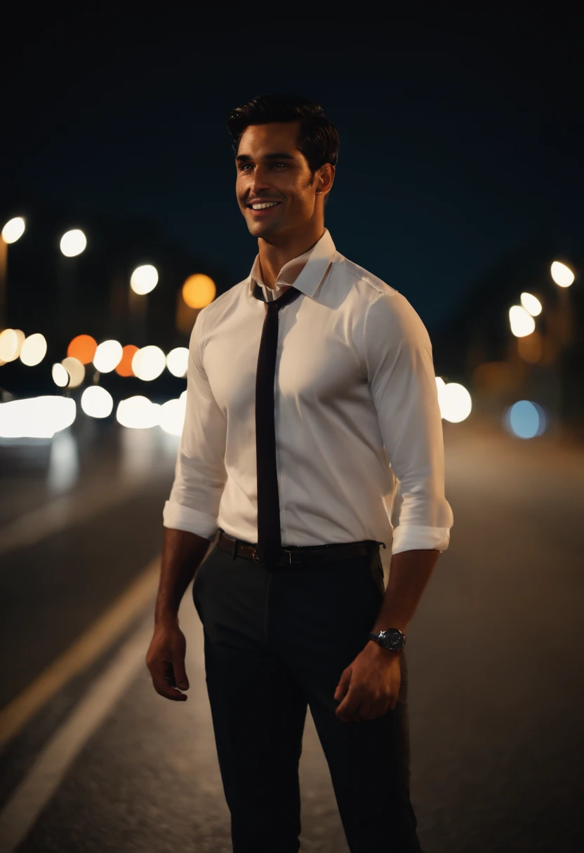 (bestquality:1.2, 8k resolution, highres:1.2), (handsome:1.4), White shirt, Short black hair, thin face, Fair-skinned, Formal dress code, (On the road at night:1.4), nighttime, dim lighting, deserted, HD 8k images, masterpiece:1.2, A confident smile