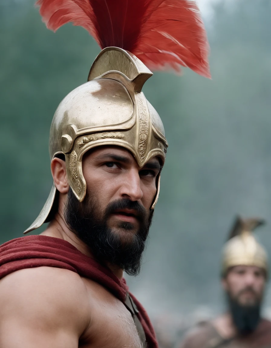 Full portrait of Leonidas from 300 films. Hintergrund des Schlachtfeldes.