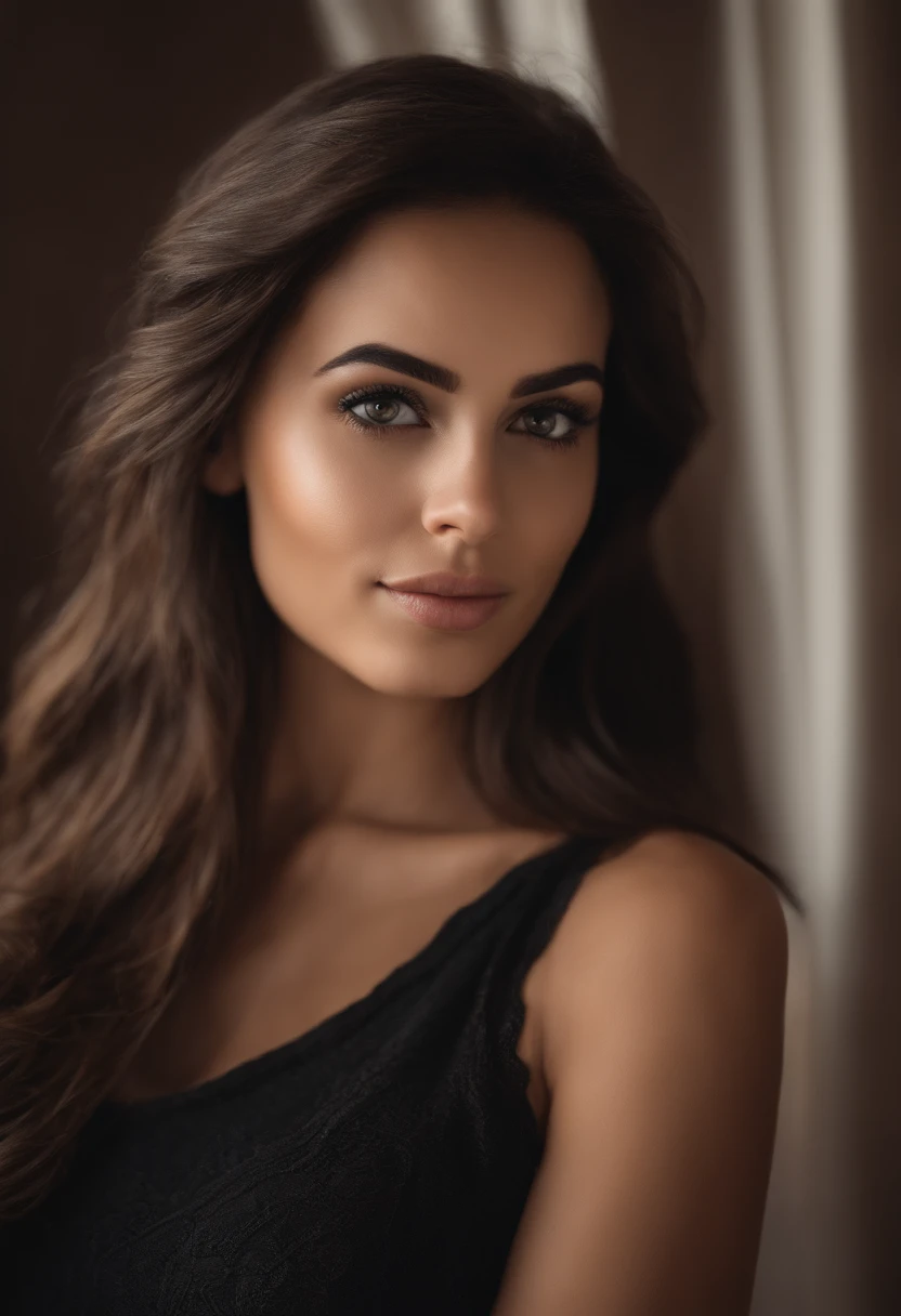 Arafed woman with black clothes, fille sexy aux yeux bruns, cheveux bruns et grands yeux, selfie of a young woman, Yeux de chambre, sans maquillage, maquillage naturel, looking straight at camera, Visage avec Artgram, Maquillage subtil, Superbe photo du corps entier, dans la chambre, clivage, eurasienne, visage ovale
