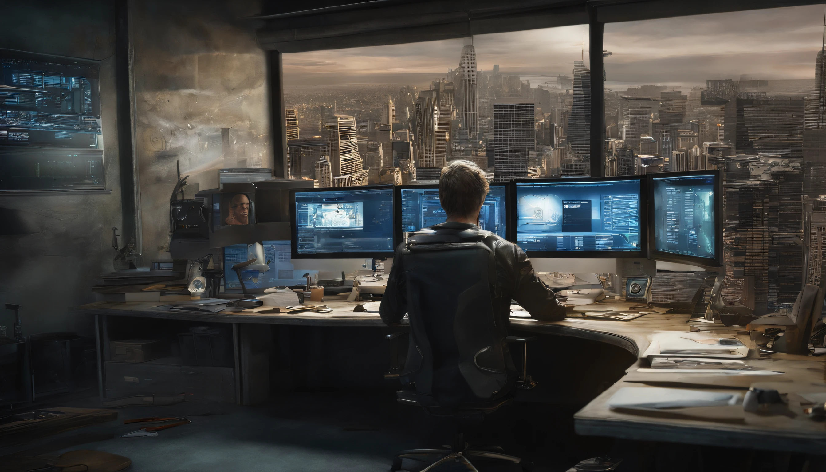 hackers profesional en un cuarto lleno de monitores vigilancia global