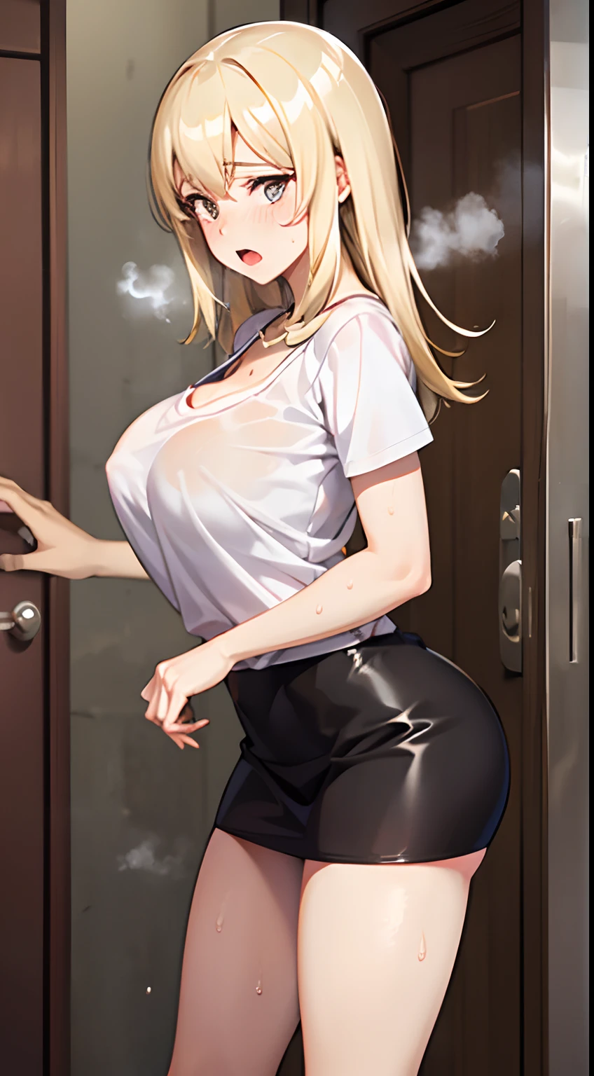 Perfect human body、1boy,1girl in、a couple、hetero、 SFW, ((Realistic, masutepiece)), (Very detailed background、In front of the door of the apartment), (((Stand next to the girl、Dark-skinned macho man puts his hands around a girl's waist))), Oversized white T-shirt、Leather Mini Skirt、鎖骨, ((Waving Woman)), ((Sweat,steam,Lower grade))), Large cleavage、Colossal tits、Leather Mini Skirt、((fear expression)), (blushed face), Big macho black man standing next to girl、Man Without a Face、Vulgar laughing man、Looking at Viewer,