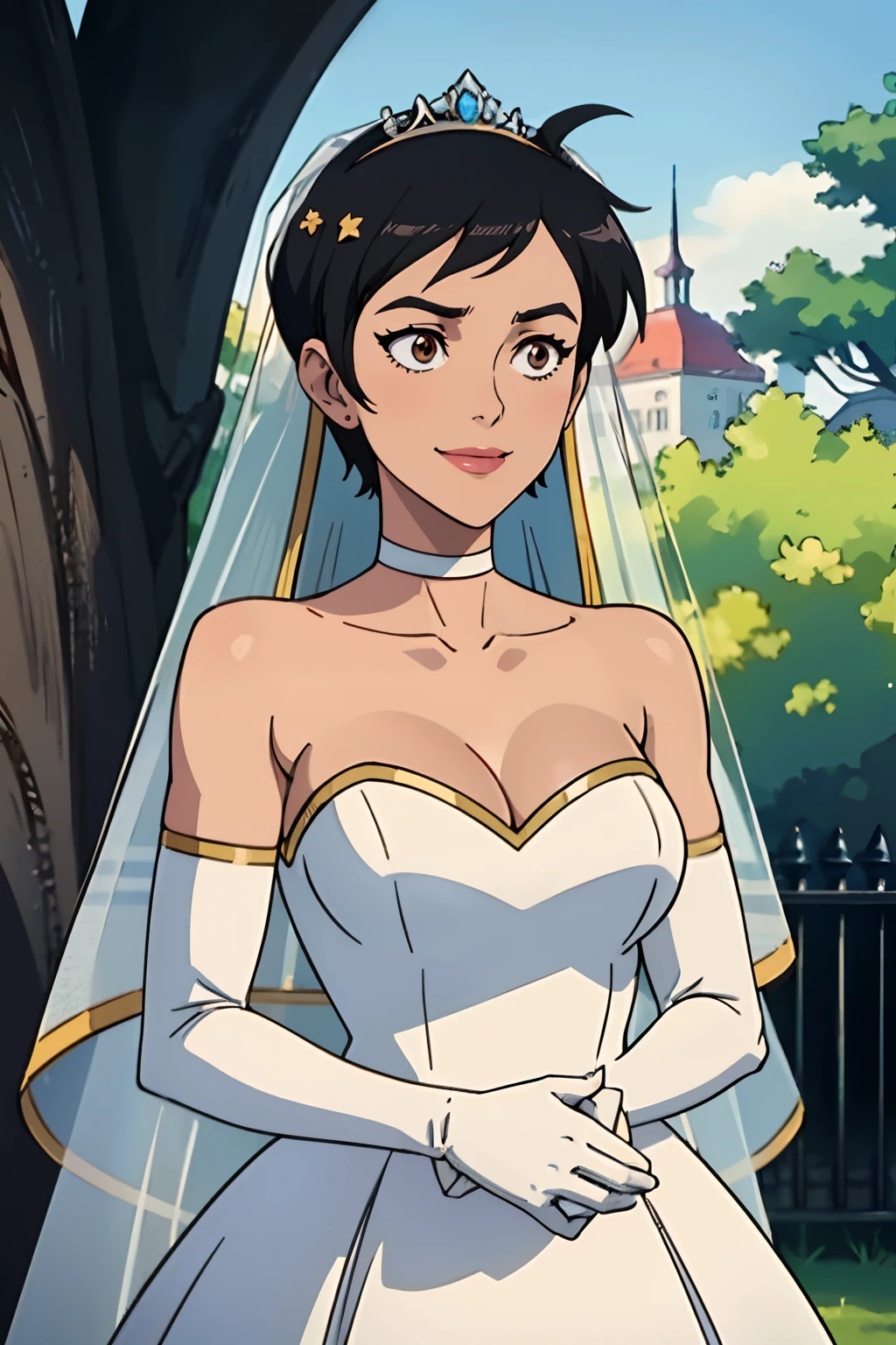 lois lane (my adventures with superman) ,hair between eyes, ahoge, black hair, brown eyes, short hair, star \(symbol\), hair ornament, dress, cleavage, bare shoulders, collarbone, long white elbow gloves, white gloves, white dress, white choker, strapless, tiara, veil, strapless dress, wedding dress, bridal veil, beautiful woman, perfect body, perfect breasts, wearing a wedding dress, ball gown, in the park trees, wedding decorations, a in love smile, realism, masterpiece, textured skin, super detail, high detail, high quality, best quality, 1080p, 16k