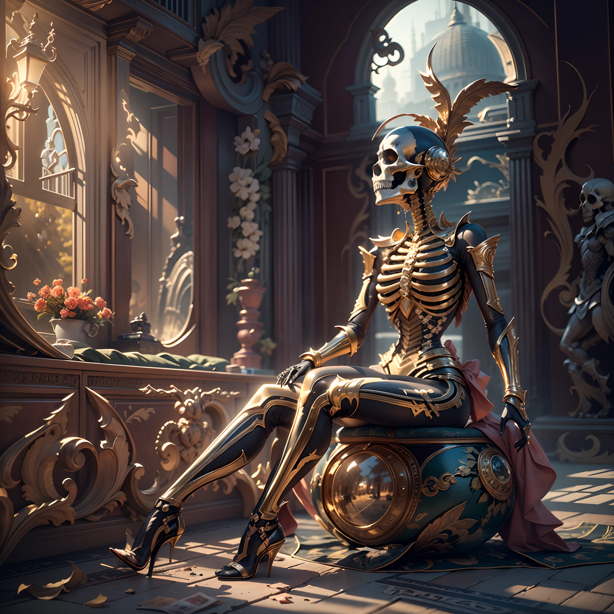 in a panoramic view，photorealestic，Golden Skeleton Girl，The sexy body is perfectly combined with the strange and luxurious skull，Luxurious Ottoman style，Golden Palace，Urban luxury，Luxury Skeleton Girl，Dressed in Ottoman-style clothing，Perfectcomposition，the detail，The light and shadow work best，HighestQuali，This CG-rendered realistic painting gives a grand scene and visual impact，Let the viewer feel a wonderful and magnificent sci-fi world。Epic，detail-rich，It forms a spectacular sight，Use Pixai to bring powerful AI models to life, Show the limitless creativity and possibilities of our imagination. Experience the future of the cityscape at Pixai，Immerse yourself in a visionary world of art，the detail, Masterpiece, Best quality, 8K, (Oily skin, cell-shaded:1.3), line art in colour, (The art of Maciej Cuciara:1.15), art of greg rutkowski，Intricate details, finetextures, Surreal，Perfectcomposition，A detailed，Cinematic texture，realisticlying，photorealestic，HighestQuali，，Version tone mapping， highly  detailed， Smoothness， Sharp focus， Beautiful illustration， Epic effect，photore， The light from the back window is backlighted， 动态照明， Mist， 复杂， filmgrain， professinal，，Volumetriclighting， subsurfacescattering， Good highlights， Good shadows， cinematic ligh，Beautiful studio soft light，rim-light，ellegance，beatiful background，rendering by octane，HR Giger style，8K，top Quority，tmasterpiece，illustratio，smooth and beautiful，highly  detailed，CG wallpaper，（realisticlying，Fidelity：1.37），outstanding，Exquisite details，tmasterpiece