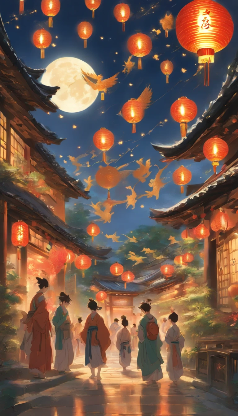 You can see the round moon hanging high,A lion with a dragon ball in its mouth surrounds two dragons,A group of children set off firecrackers on the ground。Surrounded by a warm and comfortable atmosphere. The room was beautifully decorated,Equipped with lanterns, Symbolizes the joy of the Spring Festival. The table is filled with a variety of delicacies, Moonlight shone through the windows, Cast a soft glow on everyone's face. The family laughed and chatted, Express their love and happiness on this special occasion. The artwork is created with the finest materials, Such as oil painting or high-resolution digital rendering, Ensure the highest quality and detail. The colors are vivid and vibrant, Create visually stunning representations for holiday celebrations. Well-designed lighting, Focus on capturing the warm and tranquil atmosphere of the evening. The artwork is a masterpiece, With ultra-fine elements and realism, Photorealistic style. The moon in the night sky is depicted as a perfect circle, Represents the full moon of the Mid-Autumn Festival. The scene was full of fun, Love, and togetherness, Capture the essence of the festival.