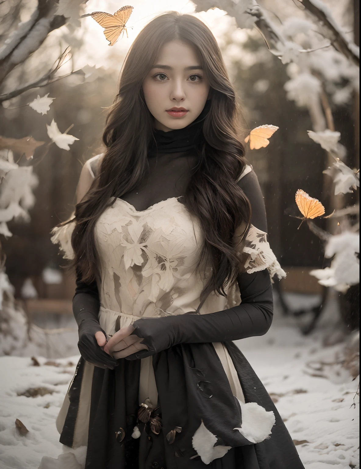 (in 8K、top-quality、masutepiece、超A high resolution:1.2) 、(Cold style:1.1) 、(Gloomy winter snow:1.4) 、beautfull Japanease woman、25-years old、Long、Winter costume、professional photograpy、artistic、