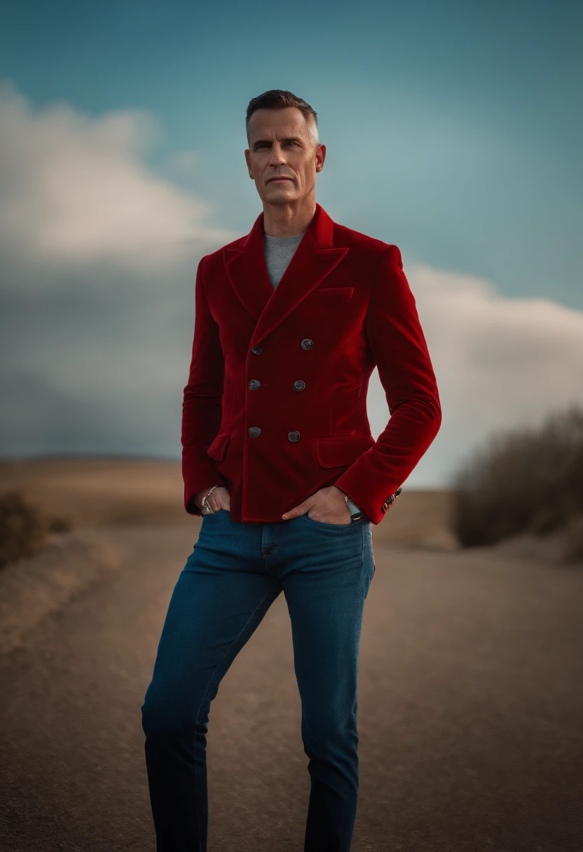 A handsom man in red , photo in the style of Patrick Demarchelier. Dressed in a red velvet jacket and  blue jeans , Tall and fit , (40 y old :1.1), (shaven:1.2), (cheveux bruns courts :1.5),(very short hair:1.6). in the style of ethereal beauty, Realistic blue sky, Hasselblad 1600F, Hyperrealistic portrait, couleurs vives, Lignes dynamiques, lisse et poli .