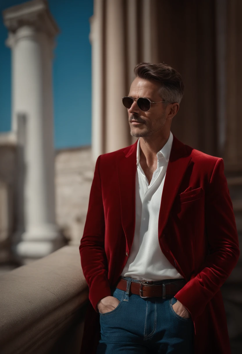 A handsom man in red , photo in the style of Patrick Demarchelier. Dressed in a red velvet jacket and  blue jeans , Tall and fit , (40 y old :1.1), (shaven:1.2), (cheveux bruns courts :1.5),(very short hair:1.6). in the style of ethereal beauty, Realistic blue sky, Hasselblad 1600F, Hyperrealistic portrait, couleurs vives, Lignes dynamiques, lisse et poli .