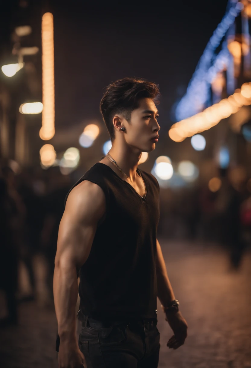8k, masterpiece, RAW photography, best quality, photorealistic, highly detailed CG unity 8k wallpaper, depth of field, cinematic light, lens flare, ray tracing, (extremely beautiful and charismatic face, beautiful lips, beautiful eyes), intricately detailed face, (ultra detailed skin), 1 man, in nature, in deep shadows, beautiful European male, kpop idol, 1 male, (very strong and muscular body:1.3), (looking at audience), (great determined look) :1.3), (sleeveless), (fashion city night, dark night, neon signs, blurred background), fashion street night, (people in back:1.3), beautiful earrings, bracelets, necklace, pantyhose, clear eyes, walking, (pale skin), (big eyes), face forward, (upper body shot), (a loose clothing:1.3), (brown hair), (bosh clothing, (transparent), (looking at audience:1.3) very strong ,, turning his back, (back shot), transparent, medium-sized hips.