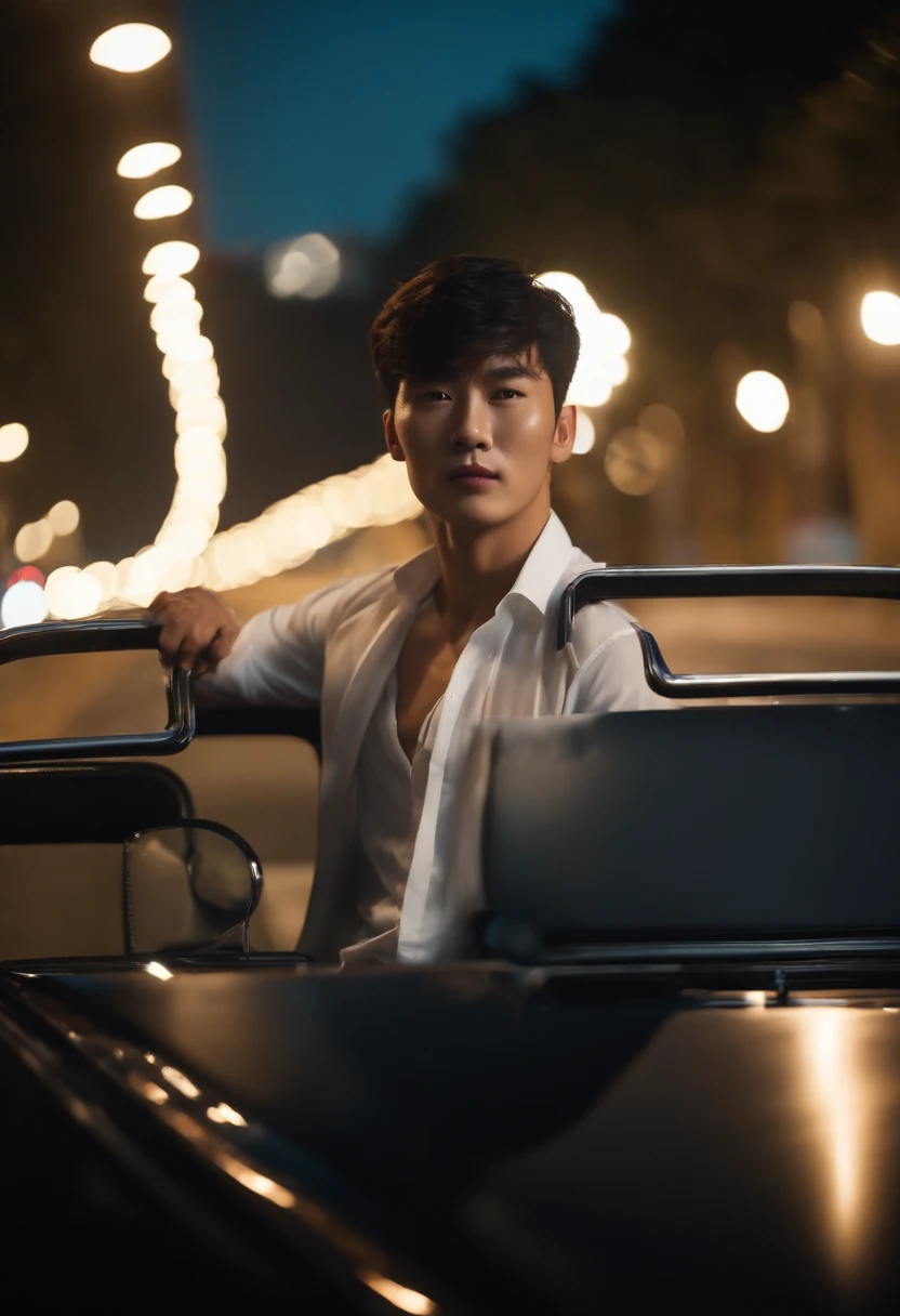 (bestquality:1.2, 8k resolution, highres:1.2), (asian, korea, handsome:1.4), White shirt, Short black hair, thin face, Fair-skinned, Formal dress code, (On the road at night:1.4), nighttime, bar, dim lighting, deserted, HD 8k images, masterpiece:1.2, A confident smile