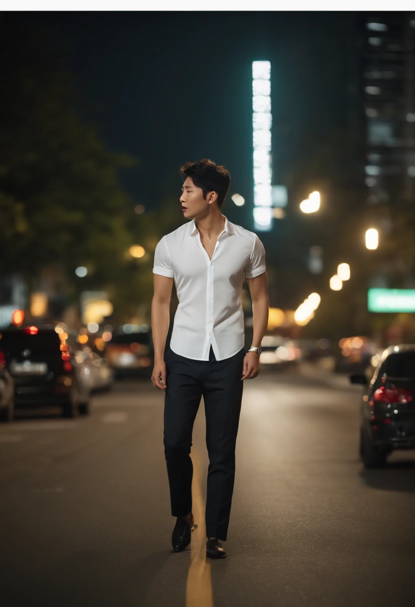 (bestquality:1.2, 8k resolution, highres:1.2), (asian, korea, handsome:1.4), White shirt, Short black hair, thin face, Fair-skinned, Formal dress code, (On the road at night:1.4), nighttime, bar, dim lighting, deserted, HD 8k images, masterpiece:1.2, A confident smile