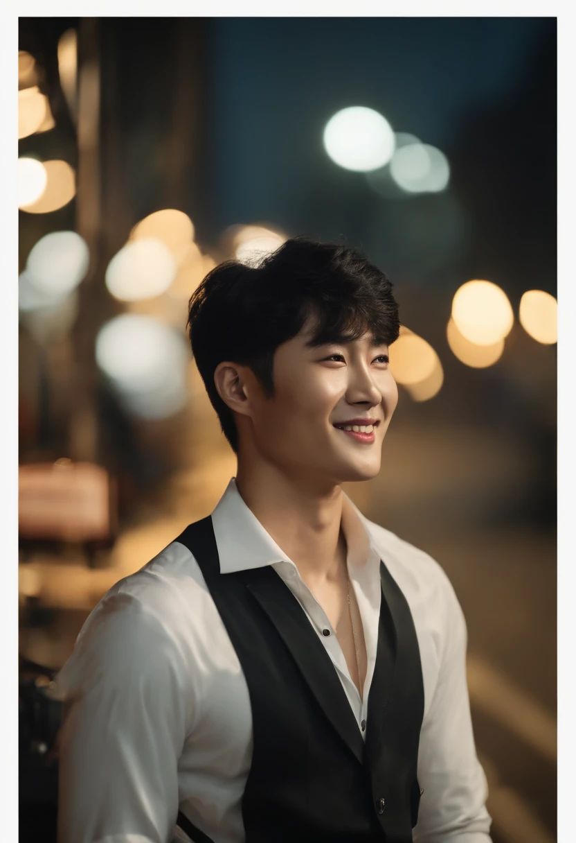 (bestquality:1.2, 8k resolution, highres:1.2), (asian, korea, handsome:1.4), White shirt, Short black hair, thin face, Fair-skinned, Formal dress code, (On the road at night:1.4), nighttime, bar, dim lighting, deserted, HD 8k images, masterpiece:1.2, A confident smile