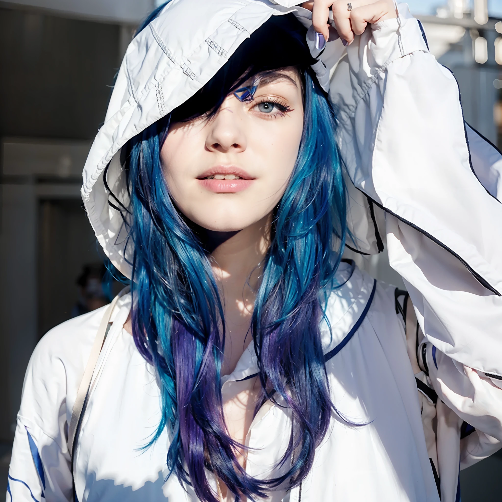 a woman wearing white jacket, inked and colored, realistic, black shadow, beautiful blue haired girl, girl with blue hair, high quality, blue hair, mix hair, purple hair, full body, (photorealistic:1.4), raw photo, 1girl, looking_at_viewer, makeup, solo, light smile,shadows, contrast, analog style (look at viewer:1.2) (skin texture) (film grain:1.3), (warm hue, warm tone:1.2), close up, cinematic light, sidelighting, ultra high res, best shadow, RAW, RAW photo, a 22-year-old, lipstick, soft lighting, high quality, ((soft lighting:1.4),(pale skin:1.4), highres, sharp focus, extremely detailed, (spotlight), stage, beautiful detailed eyes, masterpiece, cinematic lighting, dslr, Fujifilm XT3,