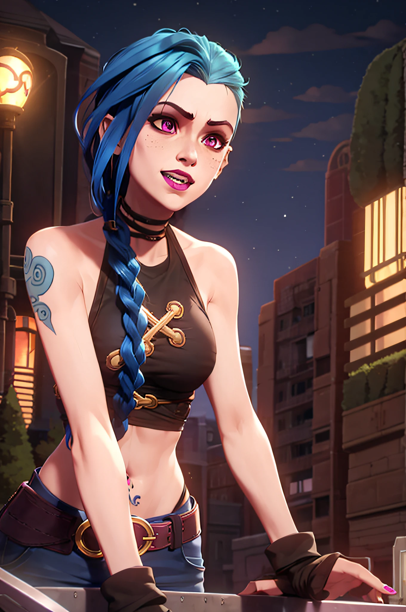 arcane style, 1girl, full body image, detailed face, colored sneakers, NSFW, arm tattoo, asymmetrical bangs, bangs, blue hair, braid, brown shirt, cloud tattoo, looking at viewer, small tits, squat, smiling, night, city, green hair, long hair, midriff, pink eyes, red lips, shirt, solo, standing, tattoo, twin braids, arcane jinx, jinx \(league of legends\), tight clothes