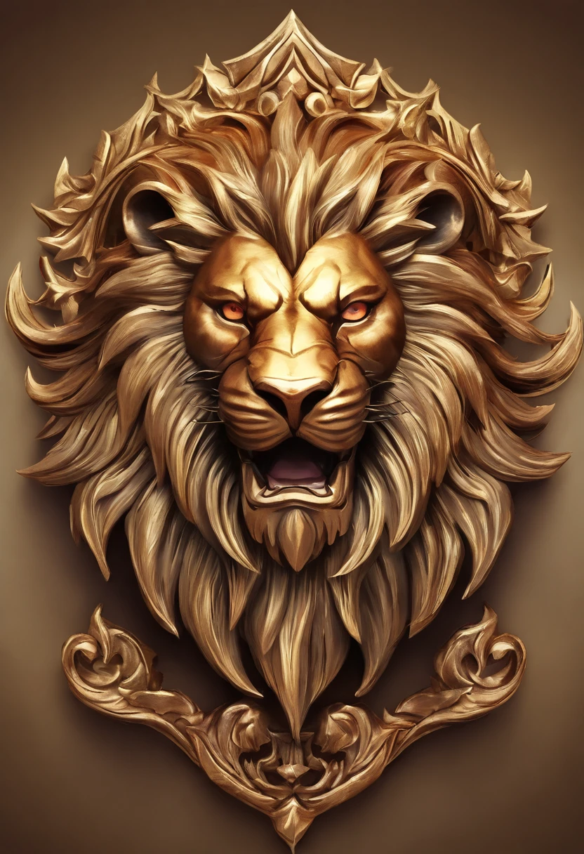 Metal lion head close-up game medallion with crown，Close-up of lion's head ，Estilo de arte Hearthstone, Arte de estilo Hearthstone, Arte conceptual de Hearthstone, Arte conceptual del juego Riot, Estilo de League of Legends, Iconic Character Splash Art, Corona de League of Legends，Insignia del juego，Plumas de metal circundantes，Oro rojo，Renderizado C4D，Menos detalles，Menos detalles，Huge metal lion's head in the middle