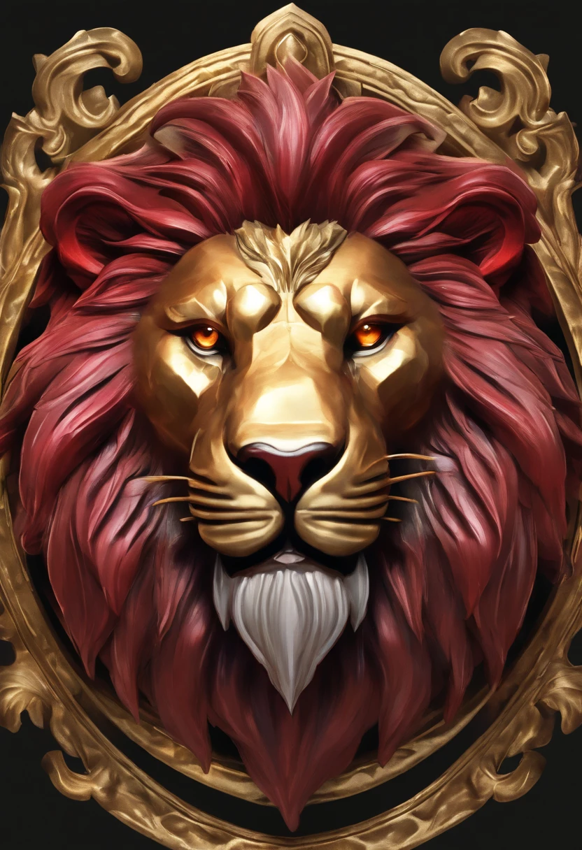 Metal lion head close-up game medallion with crown,Close-up of lion's head ,Estilo de arte Hearthstone, Arte de estilo Hearthstone, Arte conceptual de Hearthstone, Arte conceptual del juego Riot, Estilo de League of Legends, Iconic Character Splash Art, Corona de League of Legends,Insignia del juego,Plumas de metal circundantes,Oro rojo,Renderizado C4D,Menos detalles,Menos detalles,Huge metal lion's head in the middle