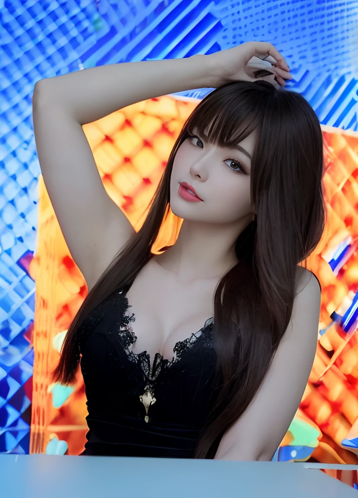 ​masterpiece、超A high resolution、ultra-quality、32K、A hyper-realistic、ultra-detailliert、(Photorealsitic)、Raw photo、Realistic、(degrees of freedom:1.2) 1 Japan Girls, (26 year old), kawaii,cowboy  shot,(From low angle shots),Crotch Sharp Focus:1.2, ((Neon-colored battle armor:1.2,Evangelion-style battle armor,Detailed decorative costumes:1.2,Shiny Mecha Armor:1.2,pleatedskirt)), off shoulders,Highly detailed face and body texture,( Detailed eyes, Eyes Away 1.6,Realistic eyes, Beautiful and detailed eyes), (Detailed face:1.2,heavy make up:1.3,Red eye makeup:1.2), (large mouth laterally:1.8,Thick lip:1.4),,Very small milk:1.2,A smile,Purple interpolation color,moonlights,Fantastic starry sky,Open your legs,