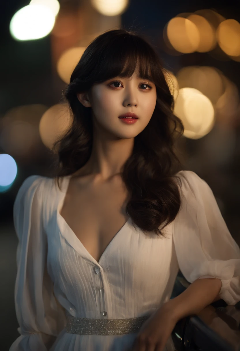 (model, Kim so Hyun South Korean celebrities), (bestquality:1.2, 8k resolution, highres:1.2), (asian, korea, handsome:1.4), White shirt, Short black hair, thin face, Fair-skinned, Formal dress code, (On the road at night:1.4), nighttime, bar, dim lighting, deserted, HD 8k images, masterpiece:1.2, A confident smile