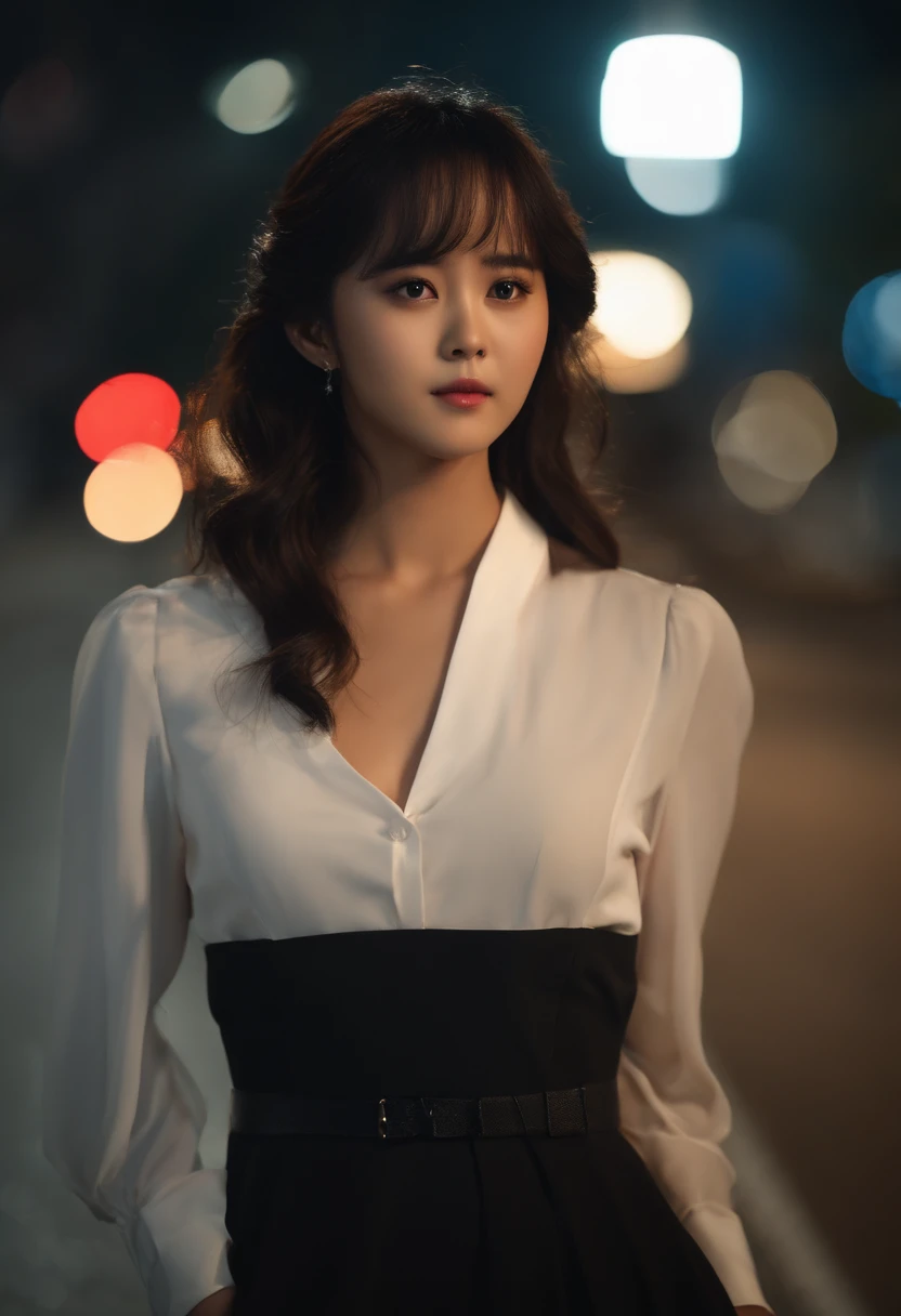 (model, Kim so Hyun South Korean celebrities), (bestquality:1.2, 8k resolution, highres:1.2), (asian, korea, handsome:1.4), White shirt, Short black hair, thin face, Fair-skinned, Formal dress code, (On the road at night:1.4), nighttime, bar, dim lighting, deserted, HD 8k images, masterpiece:1.2, A confident smile