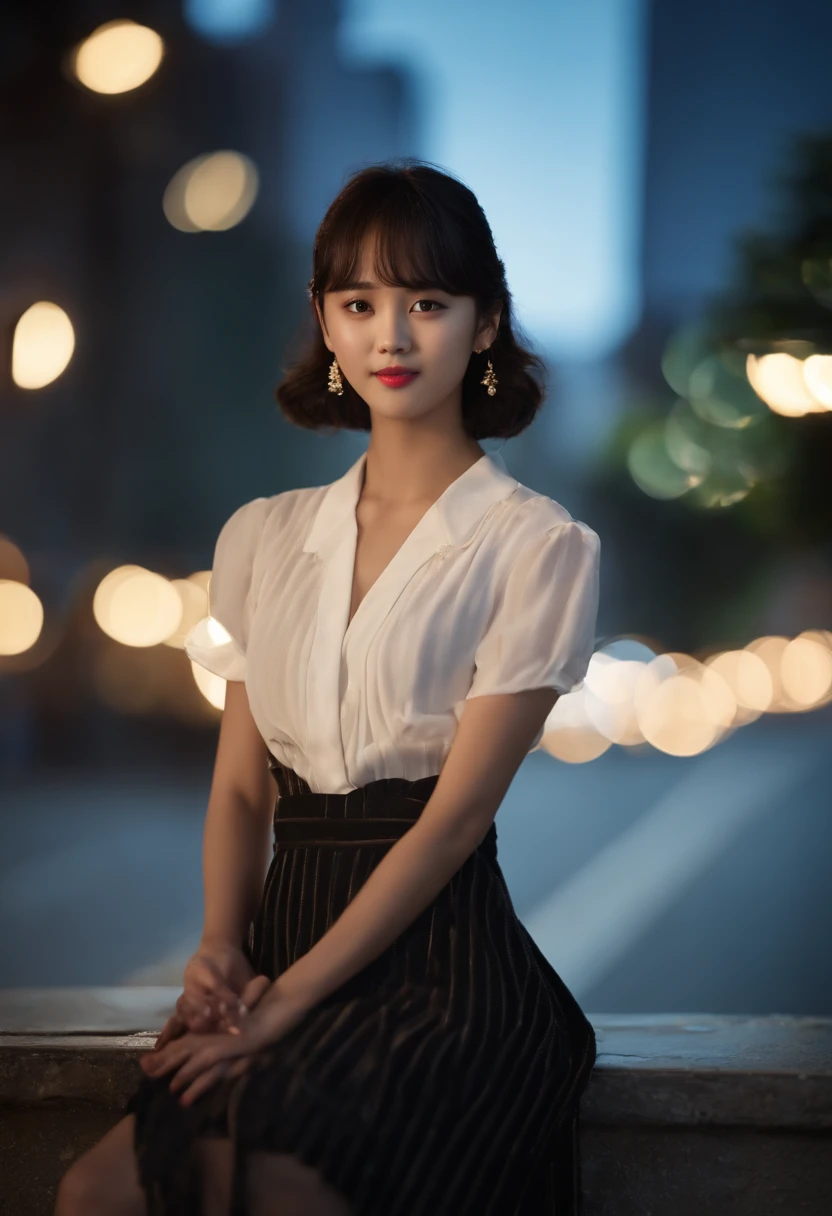 (model, Kim so Hyun South Korean celebrities), (bestquality:1.2, 8k resolution, highres:1.2), (asian, korea, handsome:1.4), White shirt, Short black hair, thin face, Fair-skinned, Formal dress code, (On the road at night:1.4), nighttime, bar, dim lighting, deserted, HD 8k images, masterpiece:1.2, A confident smile
