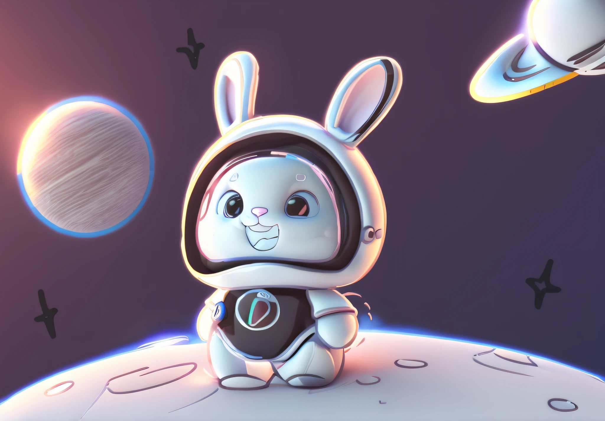 Cartoon bunny in spacesuit with planet in background, cute anthropomorphic bunny, Cute cartoon character, cute character, Cartoon Cute, rabbit robot, Cute detailed digital art, edgBunny_Character, cute astronaut sticker art, telegraph stickers design, anthropomorphic rabbit, original chibi bunny girl, lovely digital painting, high quality character design, Illustration 8 K