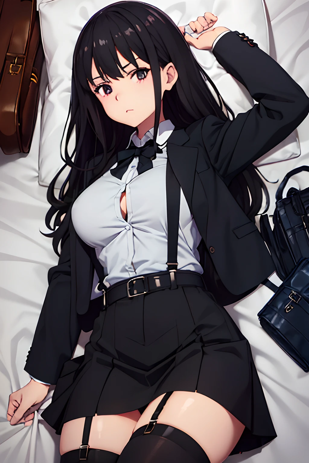 Suit,Collared shirt,Belt bag,Suspenders Black Miniskirt garterbelts knee high Stockings Black Niso Colorcon armpit sweat perspiring Side of both hands,Black jacket,Gaze,ample bosom,Armpit sweat,Exposing the armpits"Tight clothes、Cuffed、wristbands Lying in bed