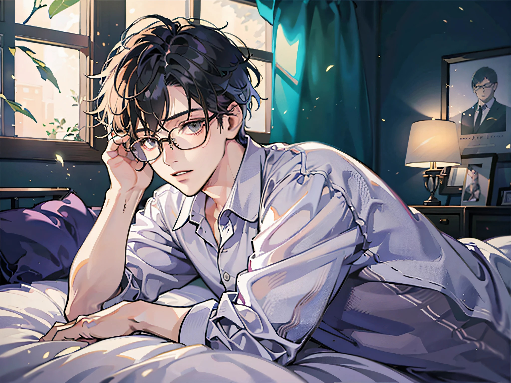masutepiece, Best Quality, Boy in pajamas lying on bed, Solo, Short hair, finely eye and detailed face, Dark midnight background, Dimly lit bedroom, Glasses, resting on a pillow, Head on pillow, From Side, look at viewr, full-body view,Dynamic Angle,Hairstyle Bob