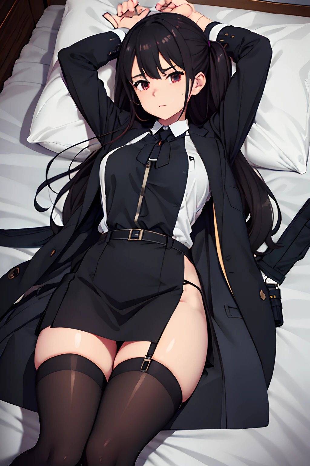 Suit,Collared shirt,Belt bag,Suspenders Black Miniskirt garterbelts knee high Stockings Black Niso Colorcon armpit sweat perspiring Side of both hands,Black jacket,Gaze,ample bosom,Armpit sweat,Exposing the armpits"Tight clothes、Cuffed、wristbands Lying in bed