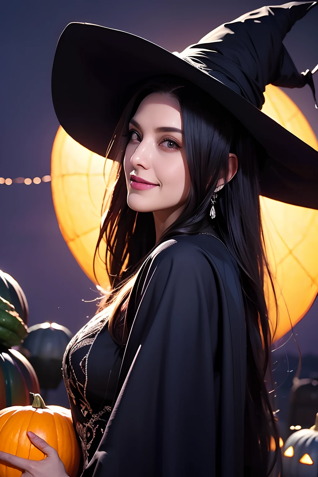 beautiful witch female, com cabelo preto curto, Purple eyes, busto grande, a Bruxa, Agachamento e sorriso, Realistic, Full-HD, best quality、Tema Halloween、clivagem da mama、Breast exposure、((Vestidos espartilho))、(witch hat : Pin - para cima)、Perimeter Pumpkin Lantern、((Vista frontal))、mostrar coxas、Abra bem as pernas、mostrar coxas
