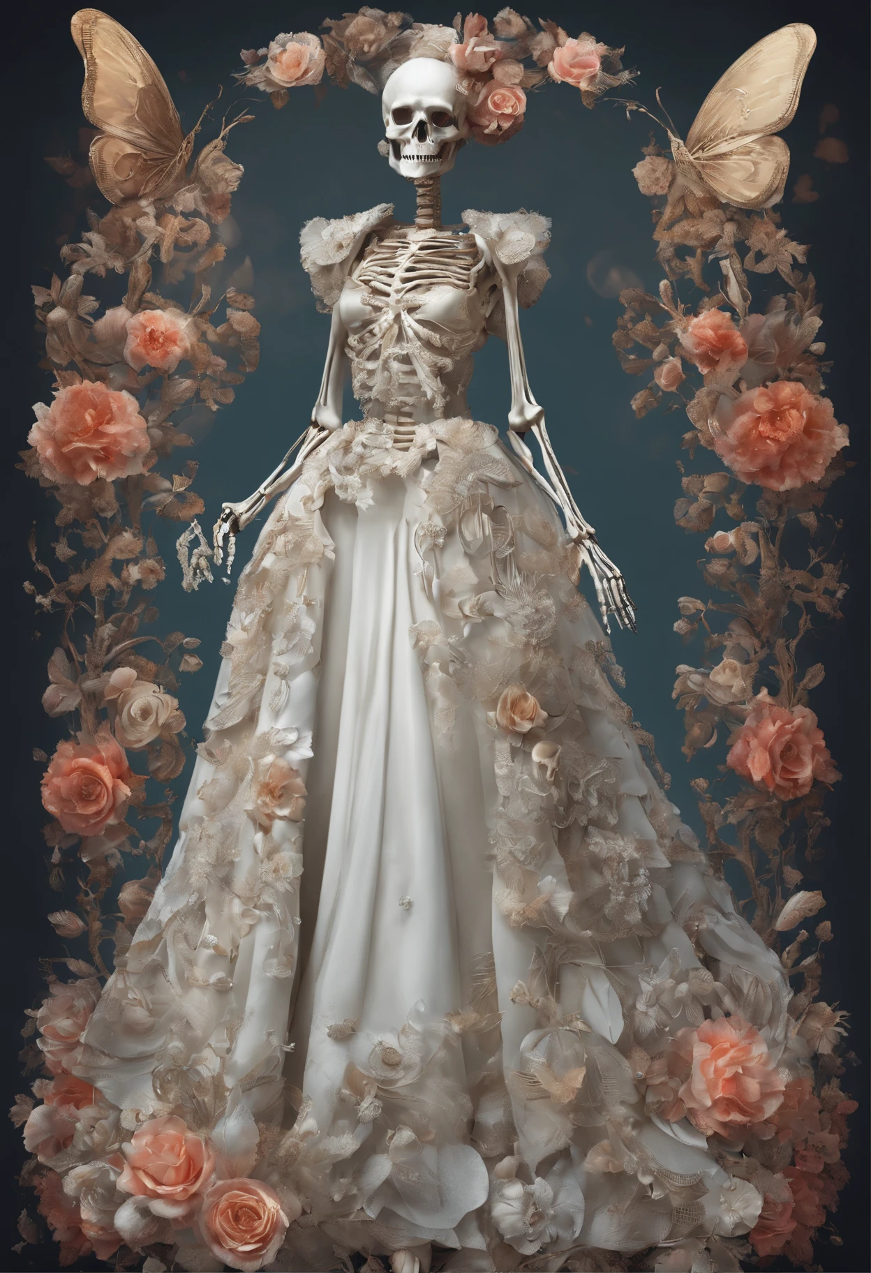 Very beautiful bride with fine face and skeleton body, full body portrait in wedding dress with flowers,Gerald Brom, Arthur Rackham, H.R. Giger, Peter Mohrbacher, Yoji Shinkawa, alphonse mucha