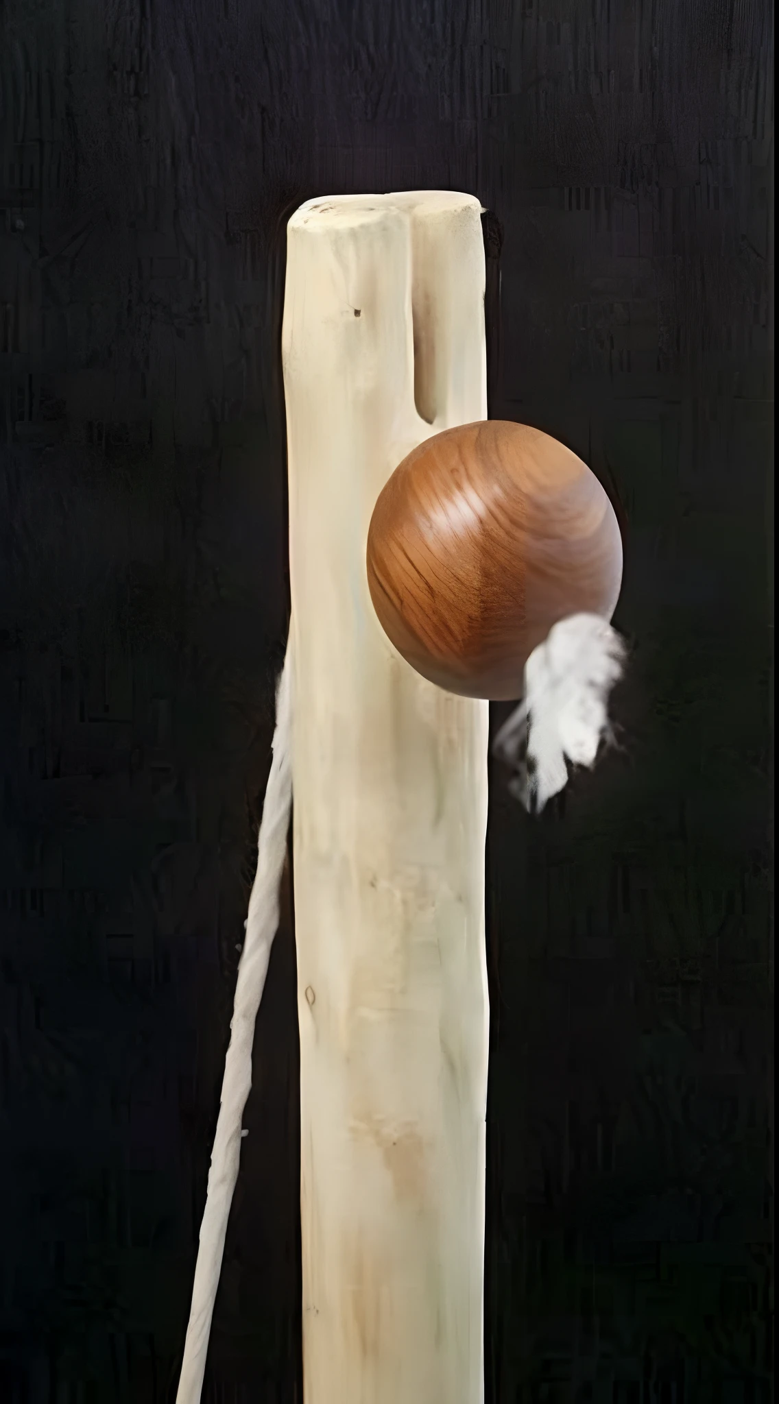 there is a wooden stick with a ball on it, wooden staff, magic wooden staff, macuahuitl, a wooden, hanging, woodturning, giant wooden club, holding a wooden staff, with a wooden stuff, a close up shot, wooden magic wand, medium close up shot, close up, a close-up, closeup