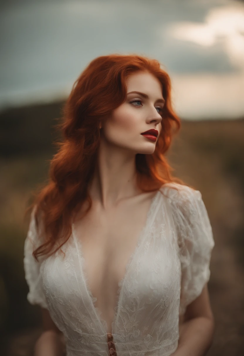 Une belle fille rousse avec des taches de rousseur, 18 ans, sexy et mince, Yeux verts, gros seins, petit cul, avec une robe rouge, Brillant, lewd face