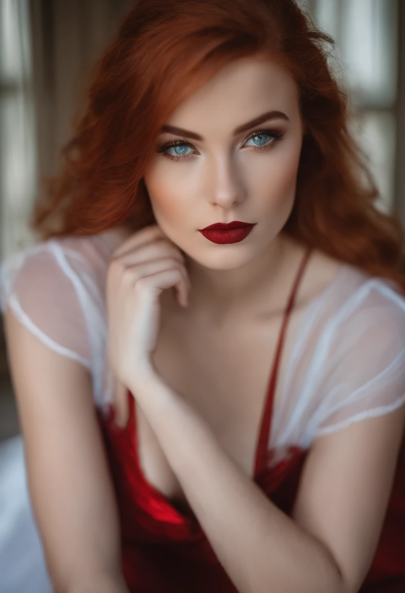 Une belle fille rousse avec des taches de rousseur, 18 ans, sexy et mince, Yeux verts, gros seins, petit cul, avec une robe rouge, Brillant, lewd face