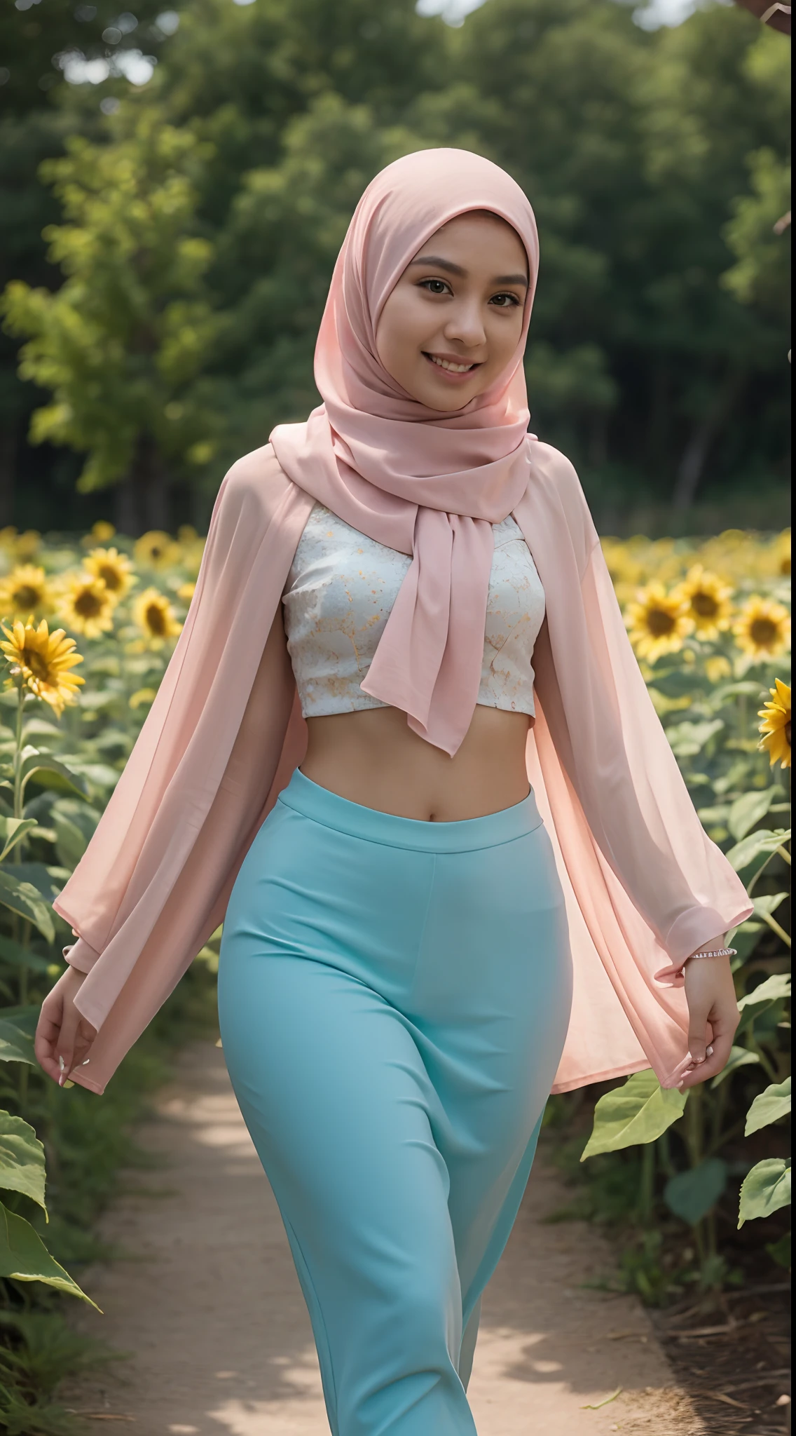 Malay girl in long hijab wear baju kebaya, pastel color, walking in sunflower field, windy, blown her hijab, front view, detail skin, detail skin texture, mole below eyes, small breast, wide hips, small waist, thick thigh, slim abs, beautiful body, sunrise, laughing, happy, bright lighting, blur background, bokeh, 4k, ultra detail, high quality photo,