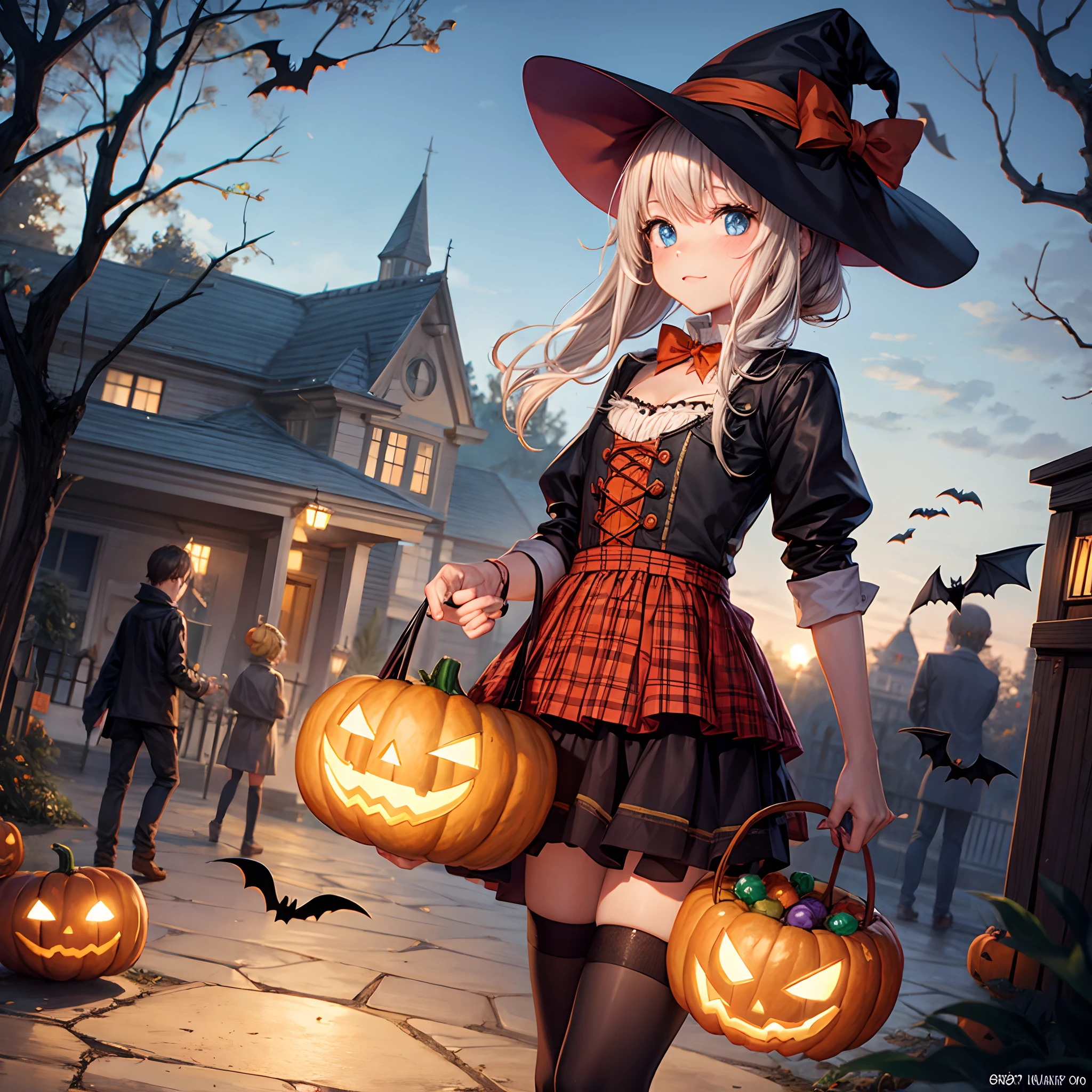 1 cute girl,solo,16yo,(Halloween:1.2),ultra-detailed face,detailed eyes,red eyes,blunt bangs,straight hair,Silver hair,looking at viewer,Coral Pink tartan check Halloween costume,Coral Pink tartan check witch hat with Ribbon,knee-high socks,Coral Pink belted gothic pumps,happy,blush,the girl is Flying,rim light,dynamic angles,pumpkin,(many lollipops and meny macarons are floating in the air),night sky,outdoors New York City residential area,highly detailed illustration,masterpiece,8K,top quality