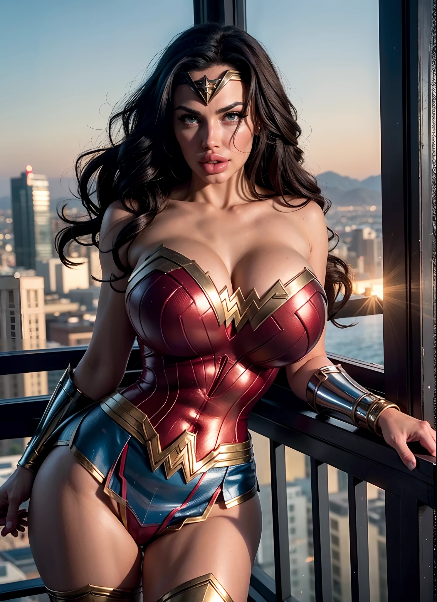 Wonder woman with superman, sexy, bimbo, huge tits, cleavage spilling out, huge ass, highly detailed face, gorgeous face, big lips, lip filler, pornstar, detailed eyes, seductive eye contact, (ultra realistic), posing seductively, beautiful lighting, golden hour, bright colours, colourful, Wonder woman costume