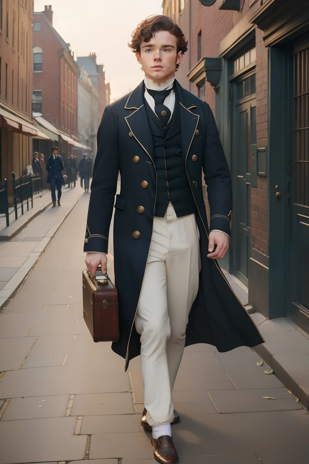 year: 1839. Location: Boston. Pre-Raphaelite scene with a 21-year-old Richard Madden, doctor, walking down the street with a briefcase, ((((Clothing from the 1830s)))) ((Hairstyle of the 1830s)), ((("OMITB" cinematography)))