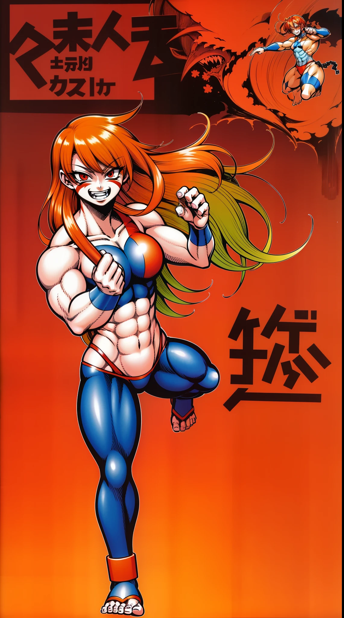 fuuma kotarou, red eyes, face mark, body mark, long hair, orange hair, muscular female, abs, smile, full body, oil painting, vibrant colors, soft lighting, best quality, ultra-detailed, , portraits, warm color tone, full body, standing, feet, crazy smile,