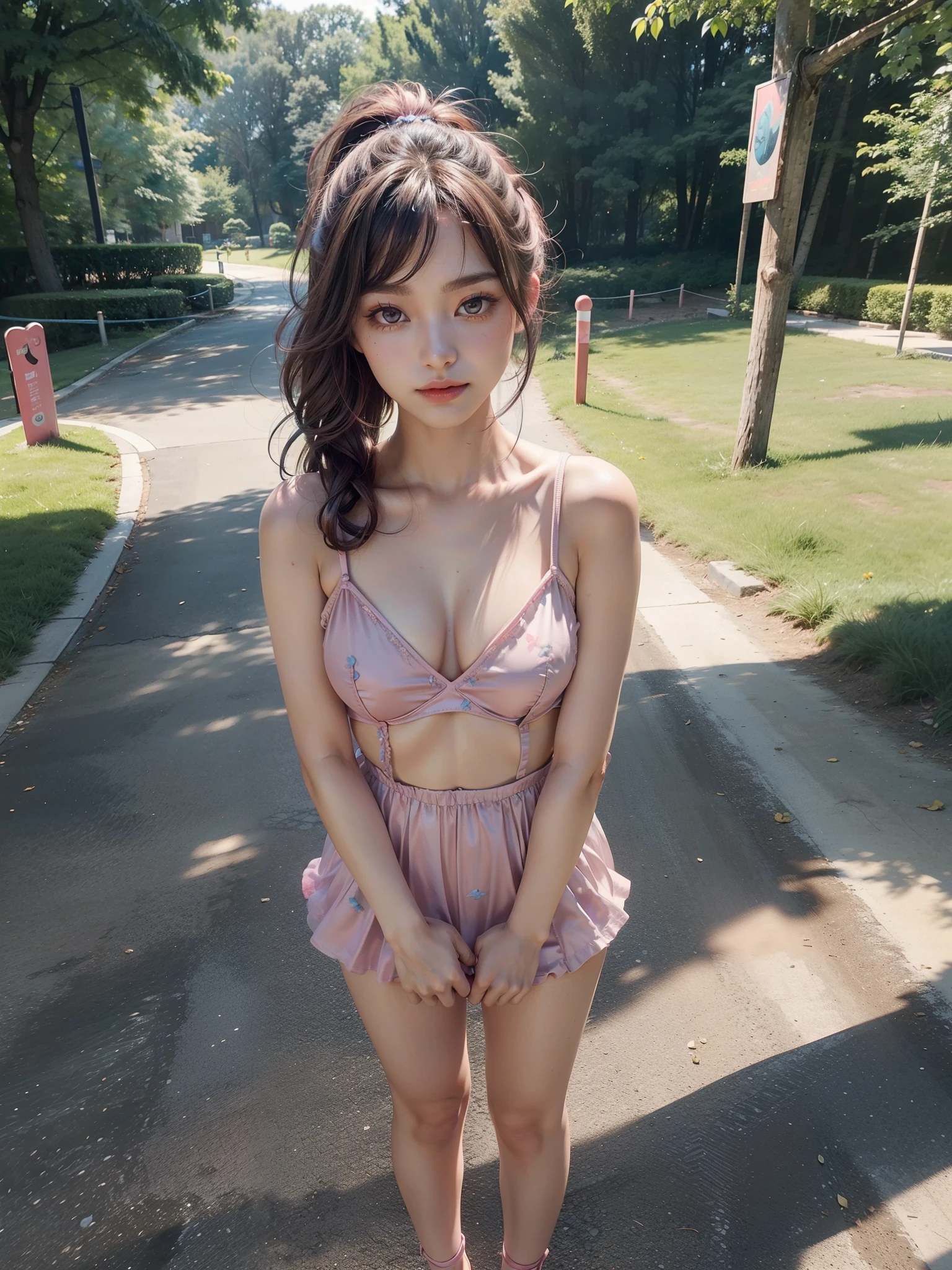 18 years old, very small head)), Daylight, sunlight, (perfect body: 1.1), (short wavy hair: 1.2), dark brown hair, (Pink and blue mesh hair, Fine mesh), (Photo standing full body front view), (pink silk mini dress), (high heels shoes), (sweat), (in the park), (highly detailed 8k CG wallpaper), (extremely delicate and beautiful), (extremely delicate and beautiful), (Masterpiece), (Best quality: 1.0), (超 high resolution: 1.0), (realistic), Beautiful lightning bolts, Perfect lightning bolts, Realistic shadows, (High resolution), Detailed skin, Ultra detailed, slim body), ( beautiful hair), real hair, detailed hair, (high ponytail), thin collarbone, beautiful breasts, blush, photorealistic, realistic face, realistic eyes, small eyes, cute smile, (((colored))), (eyeliner) , (mascara), (eyeshadow), (NSFW), (full body front photo standing in high heels)