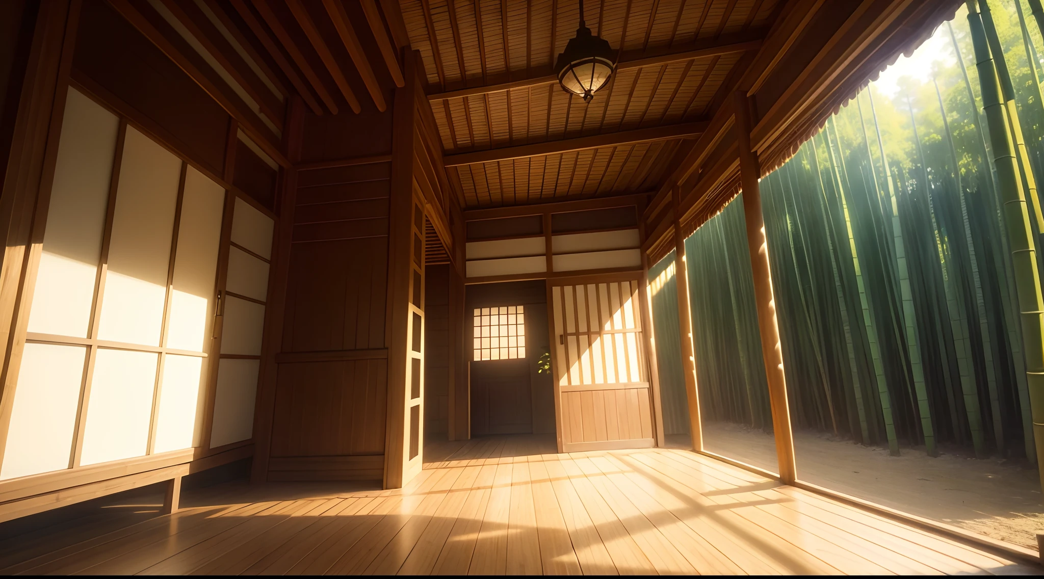 beautiful background, (in the bamboo houses), green bamboo,some, outside view, real and anime style, chromatic aberration, ray tracing, reflection light, depth of field, (wide shot), (masterpiece), best quality, high quality, highres, high details, 4K, HD, 1080P