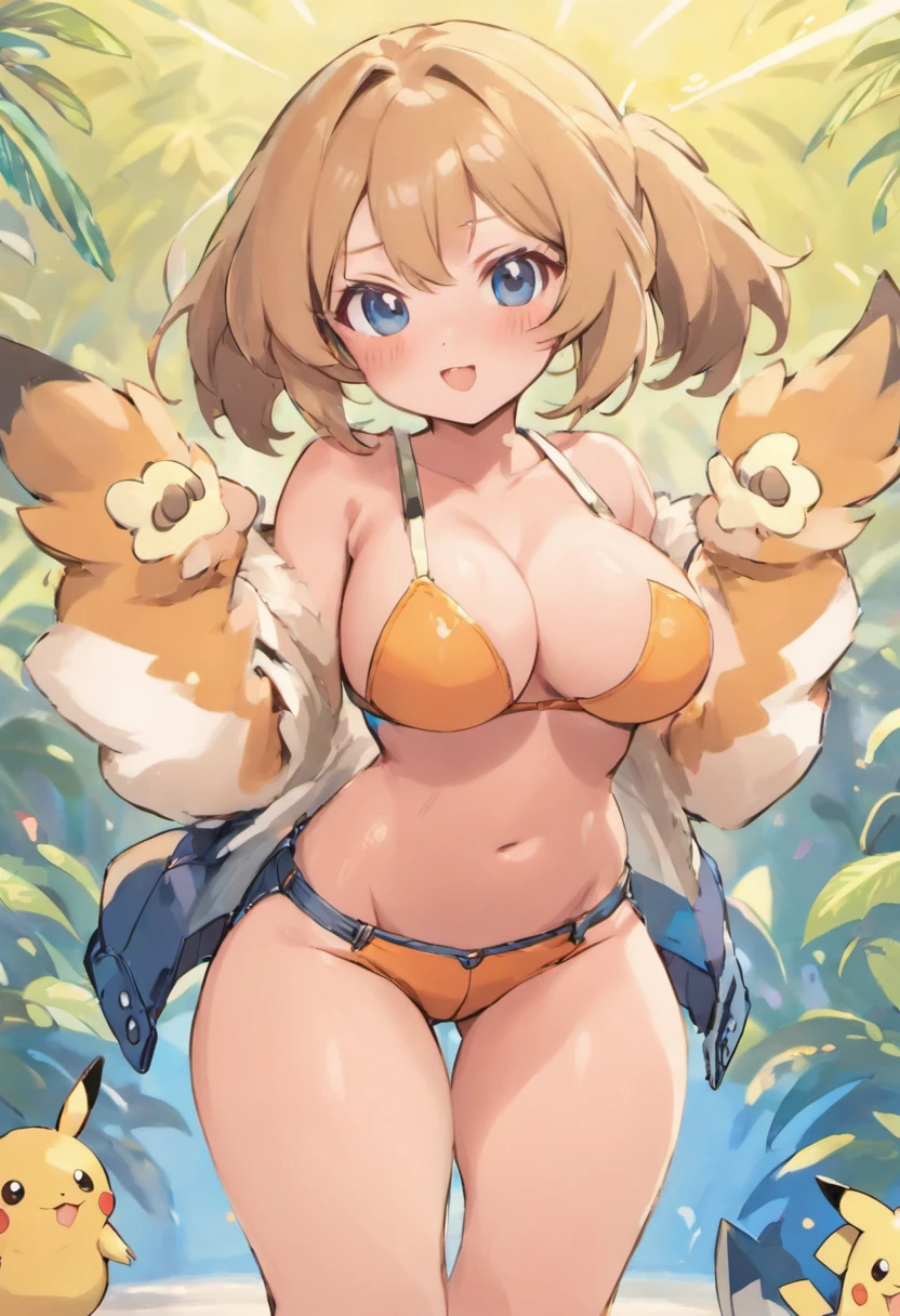 Big breasts, Big crop top, big size ass, Small tight jean shorts, Tan Skin, blushing, ahegao