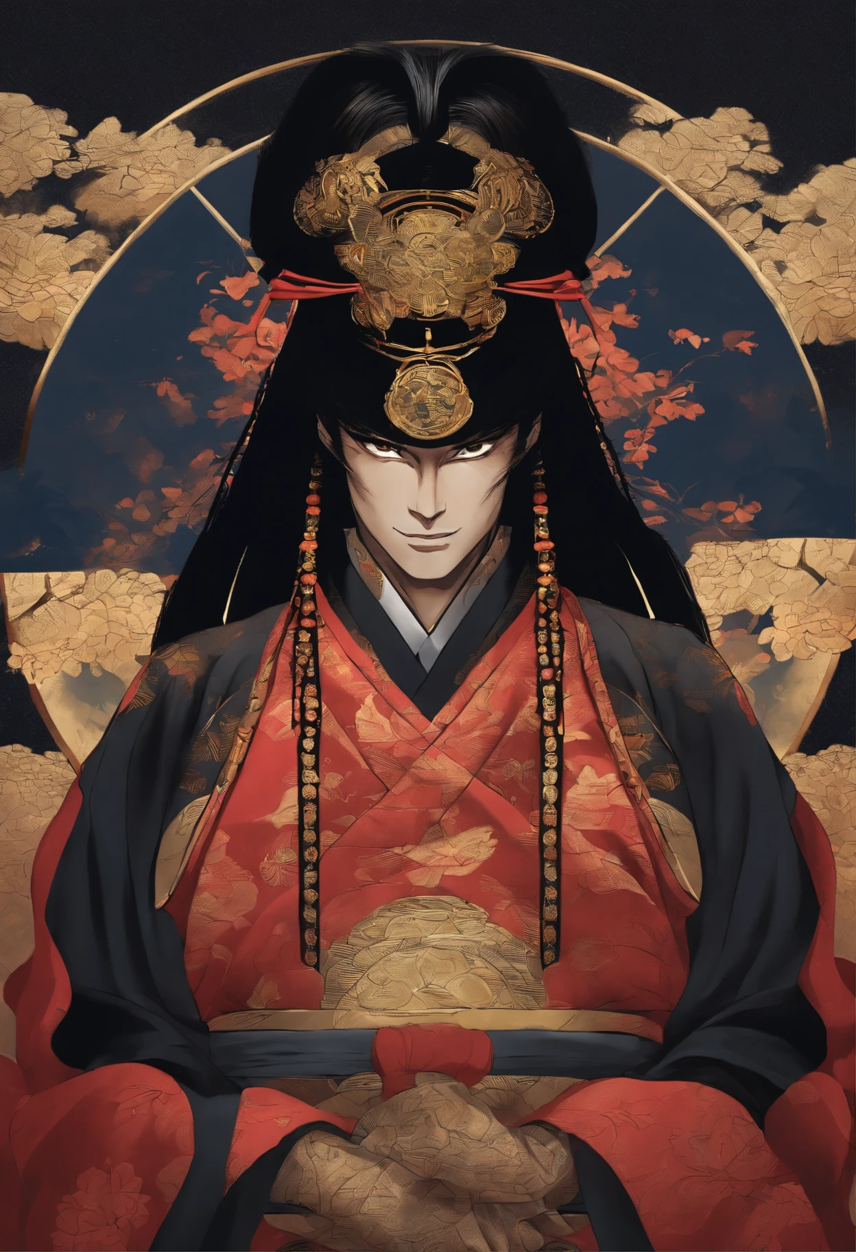 Portrait artwork of the imposing swordsman Kokushibo standing under the moonlight, long black hair flows dramatically behind his head revealing his pale white skin and solemn expression. His piercing red eyes glow with strong emotion. He wears a black, gold and red traditional samurai kimono with intricate patterns on the sleeves, blood red shorei flies around him in a mystifying dance. The background is a misty forest at night