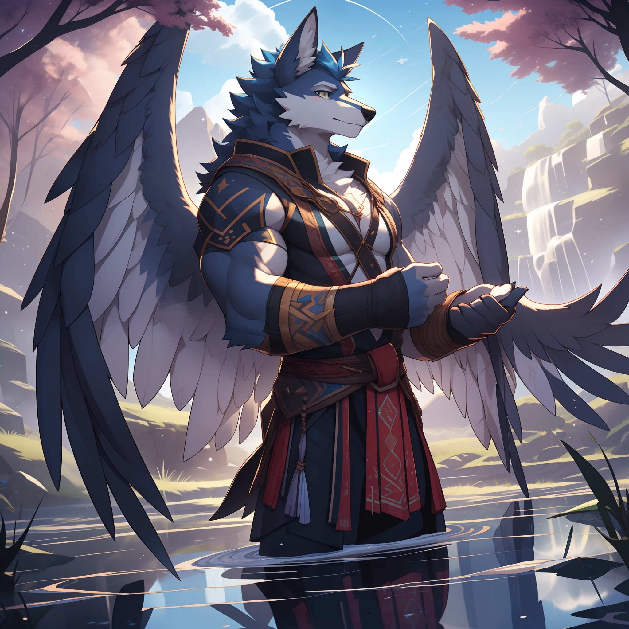 solo, male, (muscular:0.7), shaman, (male anthro gryphon):1.3, beak, wings on back, large wings, (standing tough pose):1.3, (kemono:0.6), (tribal jewelry, bandage wraps), detailed eyes, large tail, mane, ((bust portrait)), (avian legs feet, bird feet), sharp talons, powerful legs, (detailed eyes, blue eyes):1.1, (outdoors:1.35), altar, fire, smoke, forest, candle, night, (particles ,firefly, blue glowing):1.3, detailed background, photorealistic, realistic hands, 8k hd, (dark shadows, wide dynamic range, hdr, low light:1.2), by (by Pino Daeni, (by ruaidri), by virtyalfobo), (best quality, masterpiece:1), furry gryphon, brown fur, fuzzy, blushing, collar, slave, big mane, tatooed, beta, branded, avian