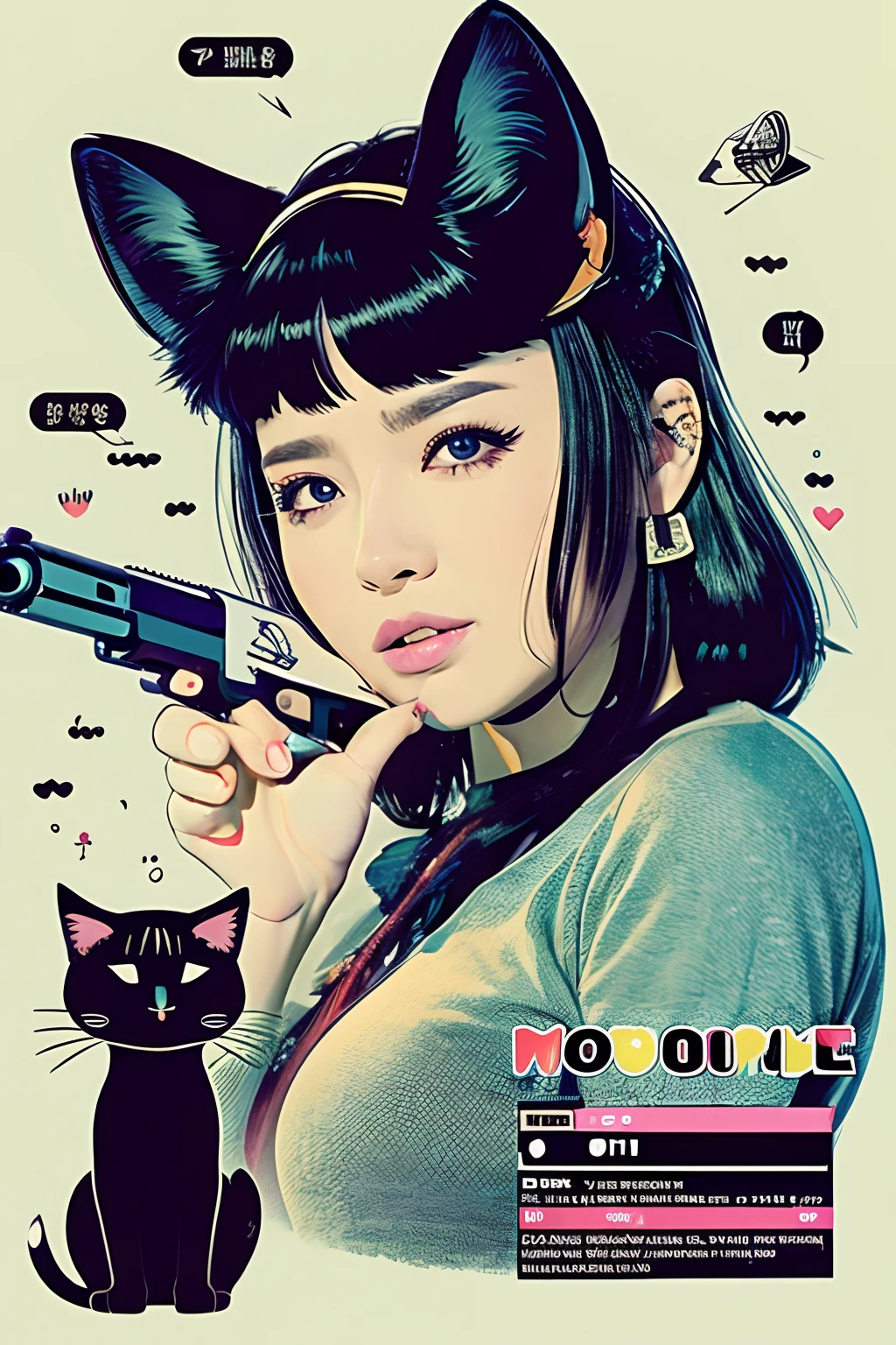 Middle-aged uncle, cat and gun　gotik　illustratio　pop music
