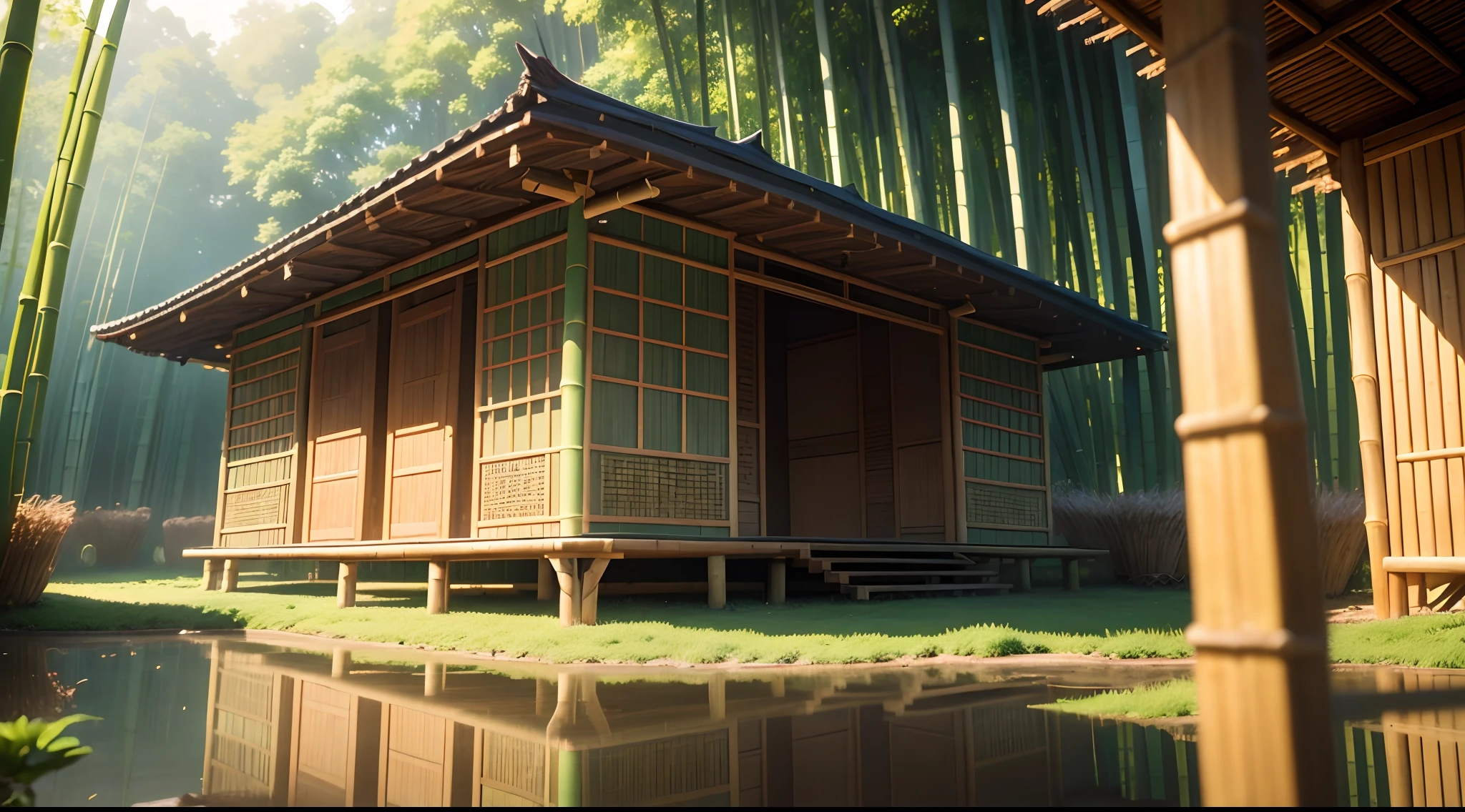 beautiful background, (in the bamboo houses), green bamboo,some, outside view, real and anime style, chromatic aberration, ray tracing, reflection light, depth of field, (wide shot), (masterpiece), best quality, high quality, highres, high details, 4K, HD, 1080P