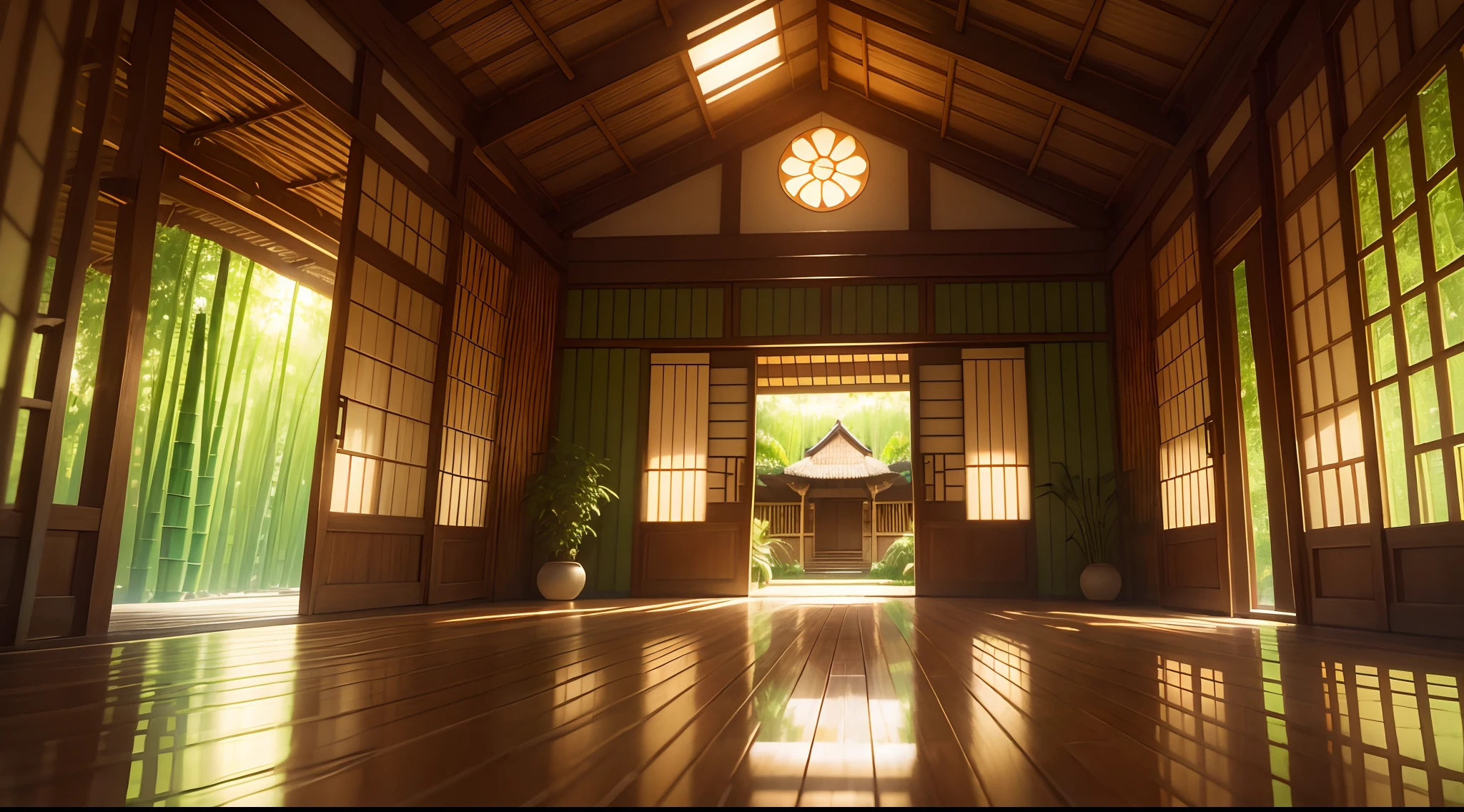 beautiful background, (in the bamboo houses), green bamboo,some, outside view, real and anime style, chromatic aberration, ray tracing, reflection light, depth of field, (wide shot), (masterpiece), best quality, high quality, highres, high details, 4K, HD, 1080P